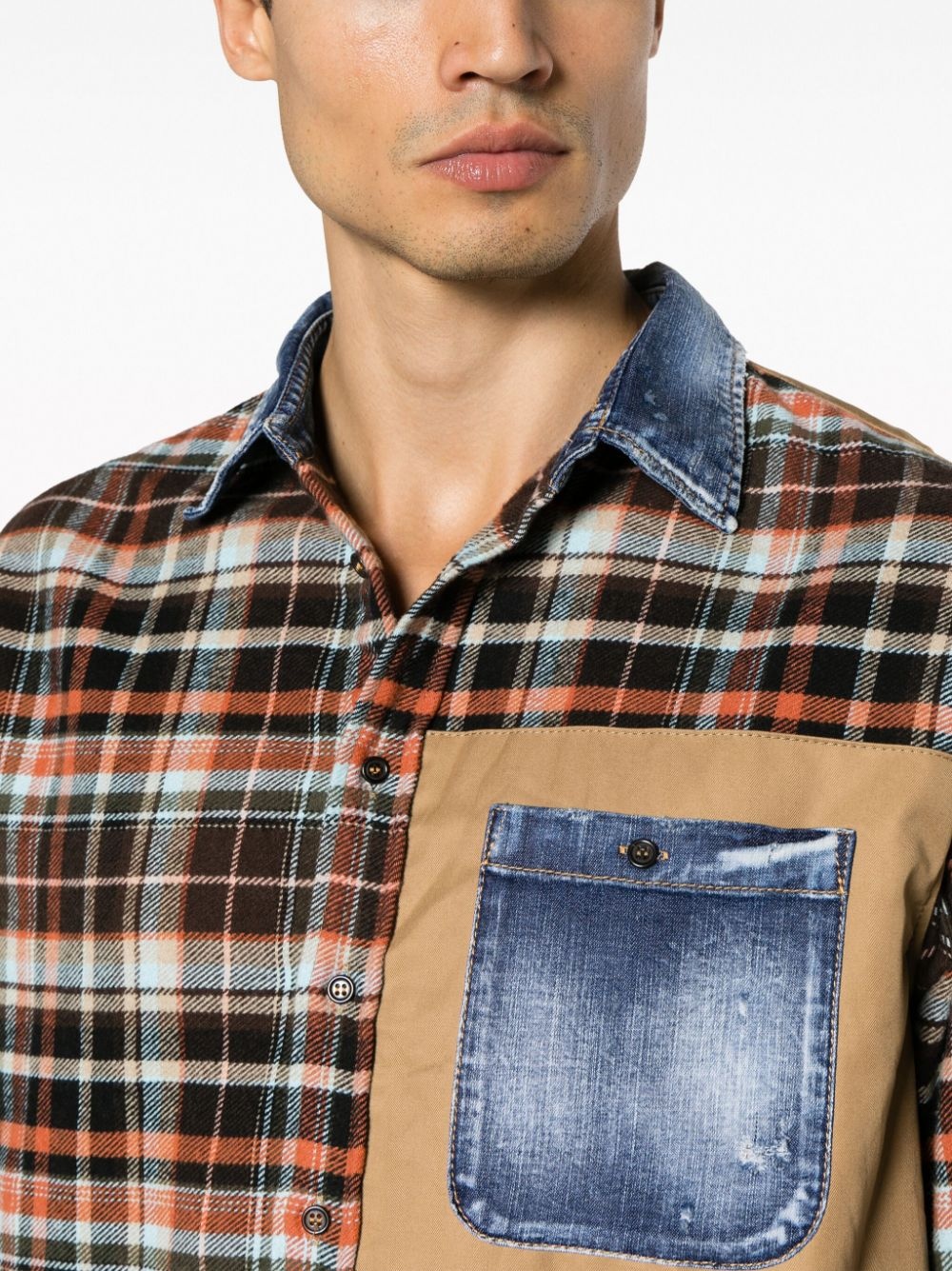 denim-details check-pattern shirt - 5