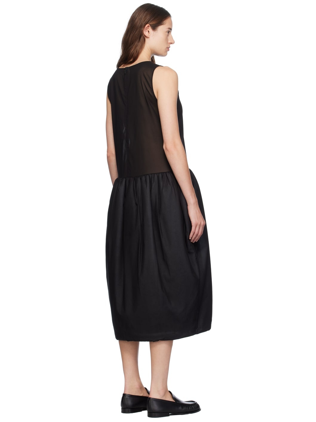 Black Sheer Padded Balloon Midi Dress - 3