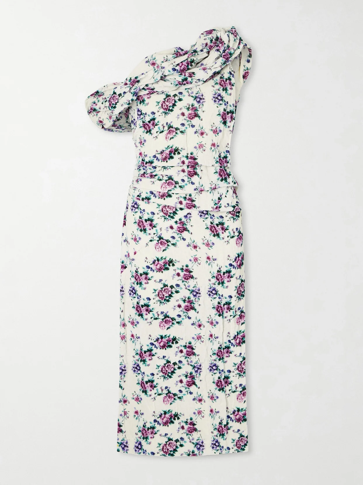 One-shoulder Ruched Ruffled Floral-print Cotton-velvet Midi Dress - 1