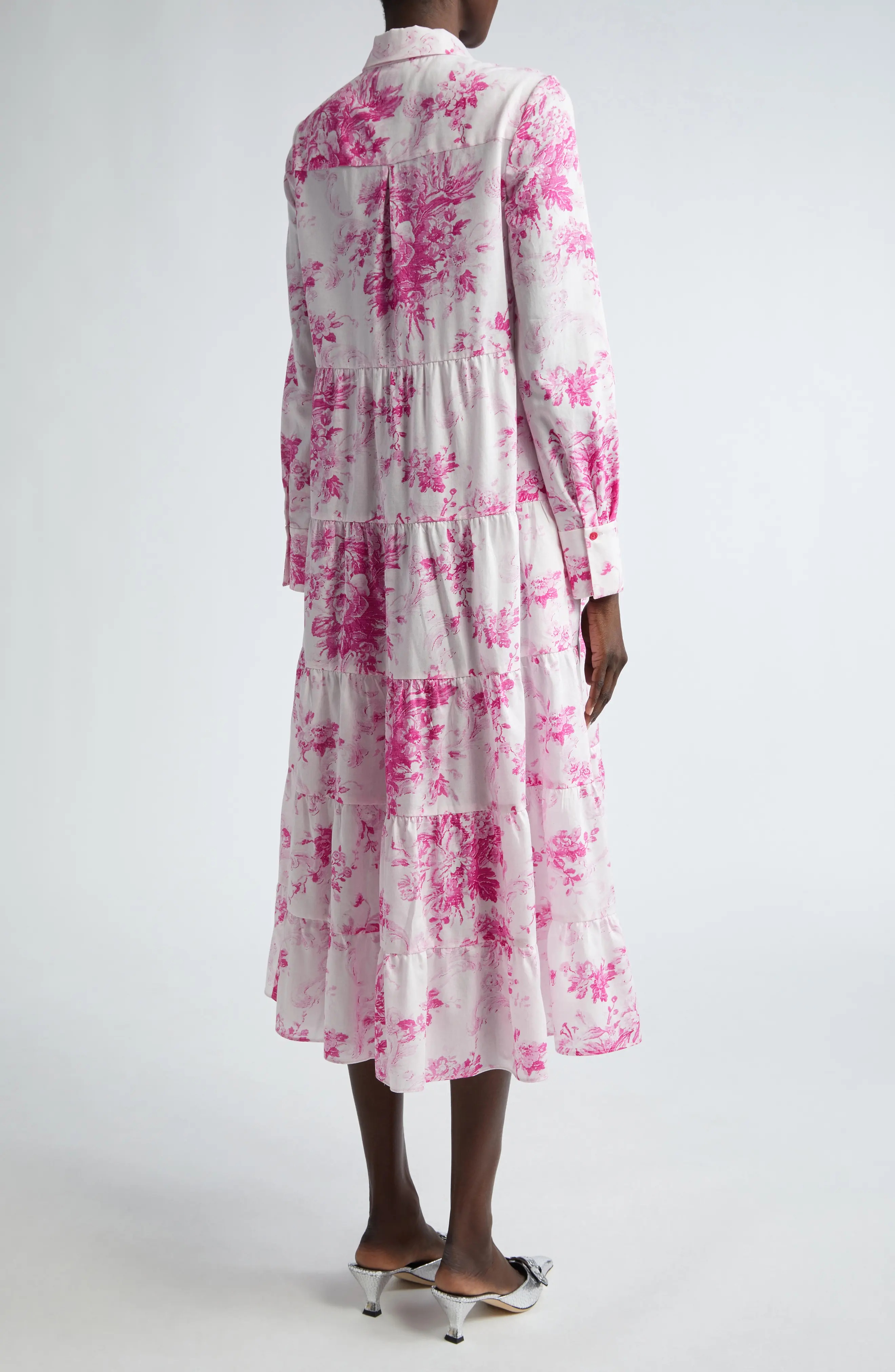 Floral Print Long Sleeve Tiered Shirtdress - 2