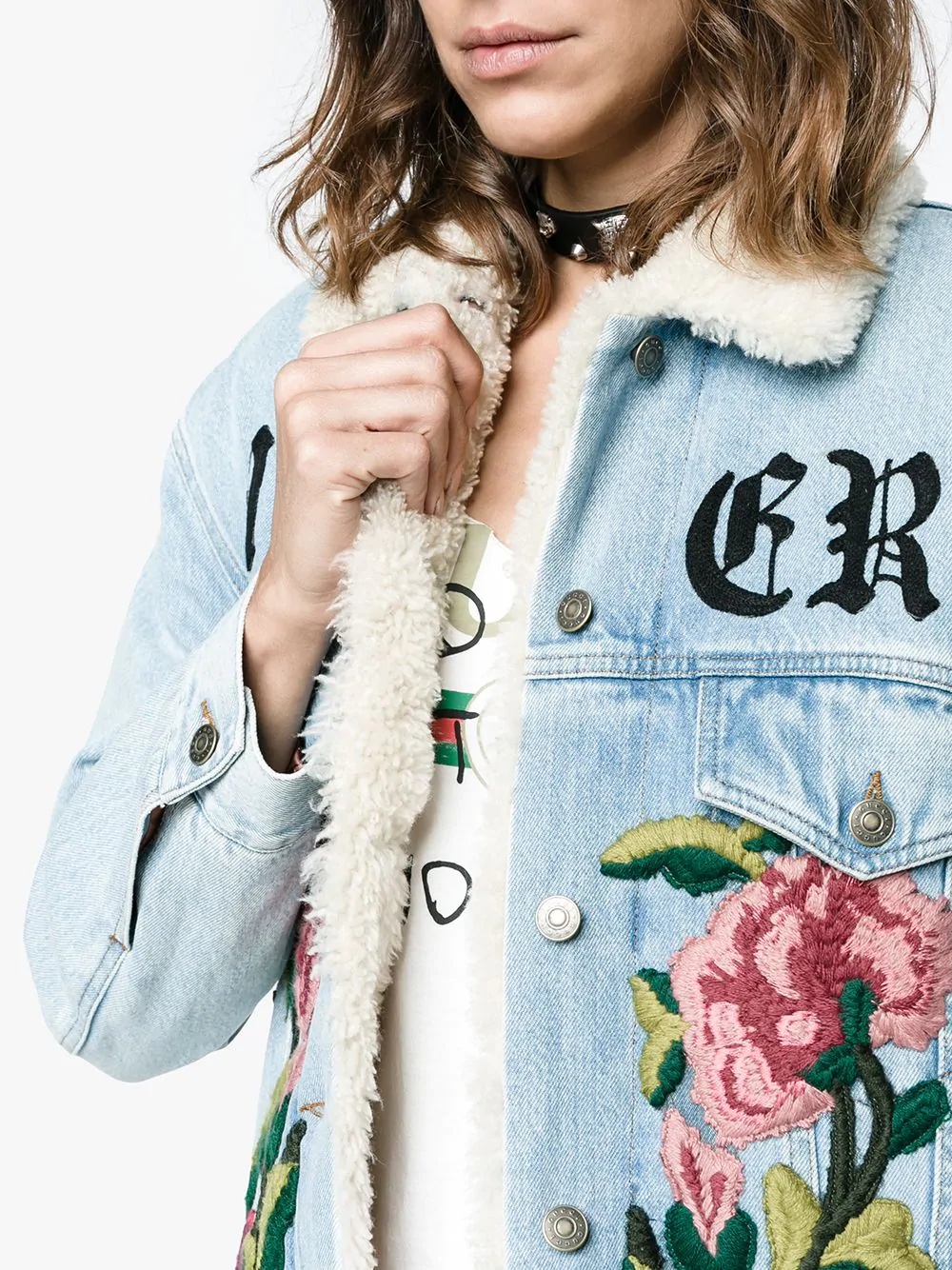 embroidered shearling denim jacket - 5