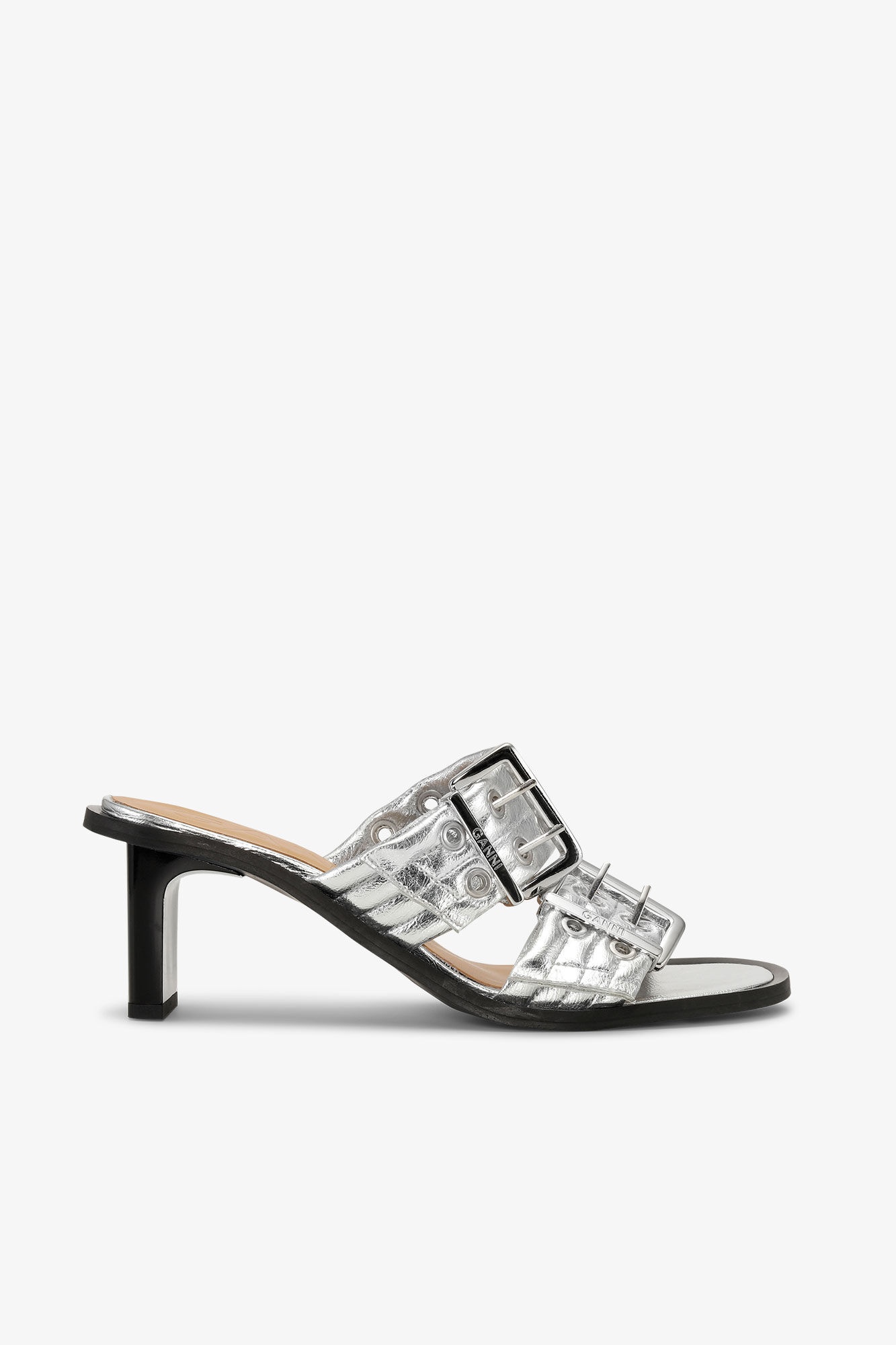 WHITE FEMININE BUCKLE HEELED MULE SANDALS - 1