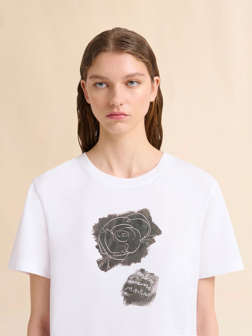 WHITE COTTON T-SHIRT WITH SCRAPED ROSE PRINT - 4