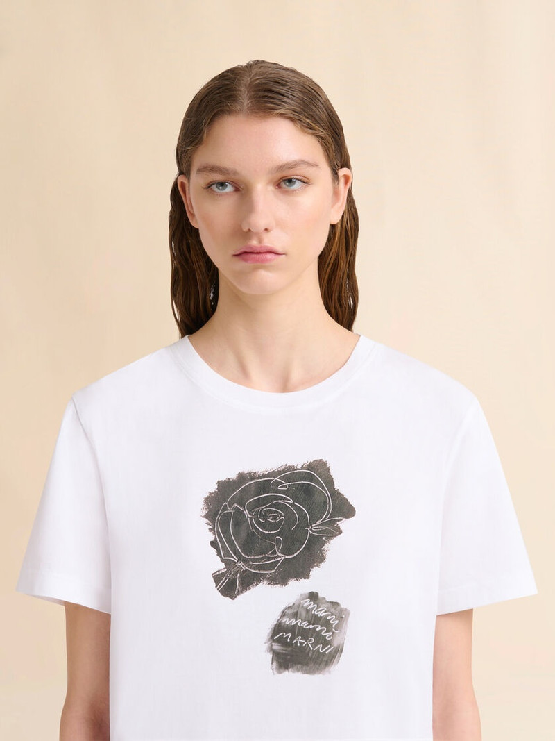 WHITE COTTON T-SHIRT WITH SCRAPED ROSE PRINT 4