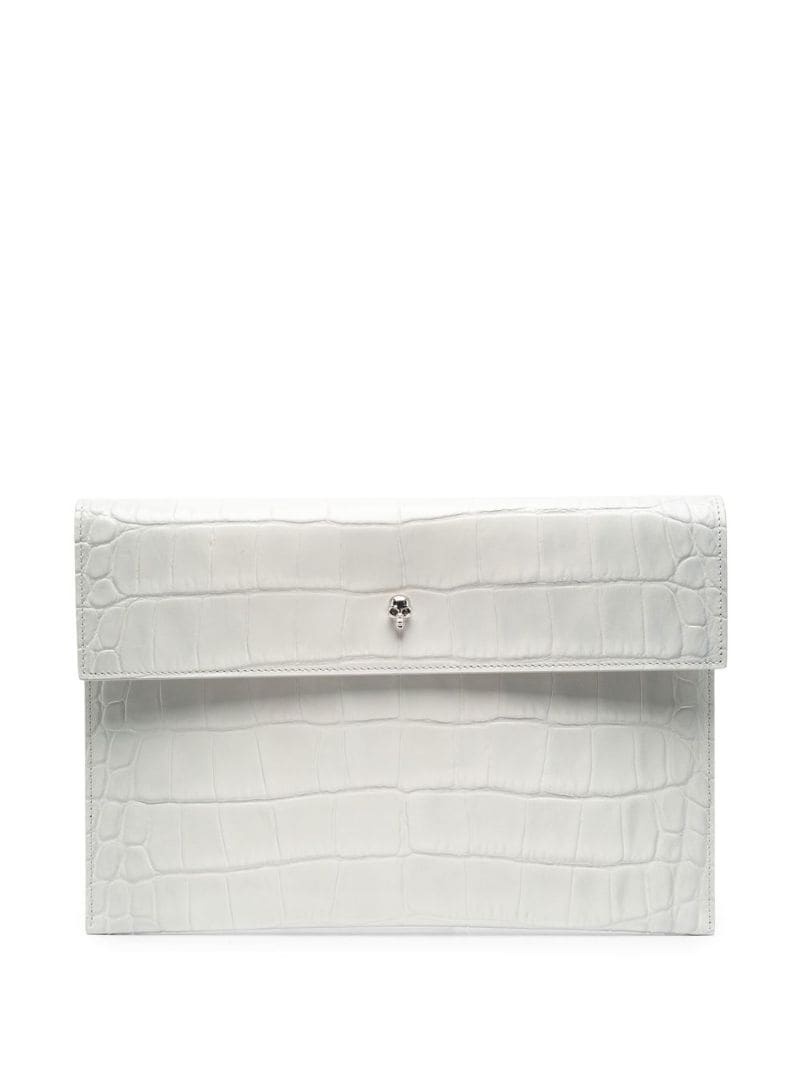 crocodile-embossed skull clutch bag - 1