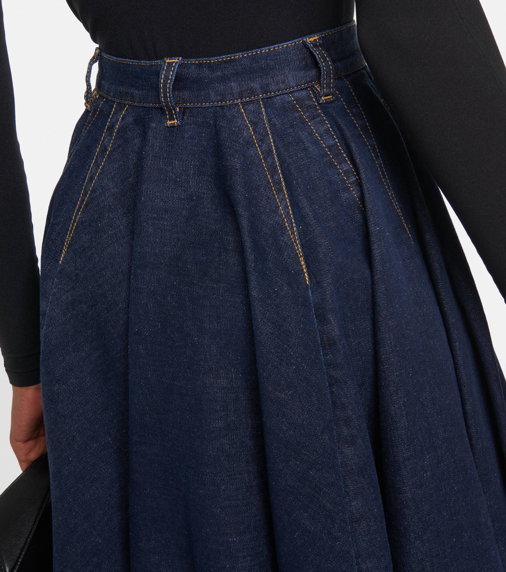 Pleated high-rise denim midi skirt - 6