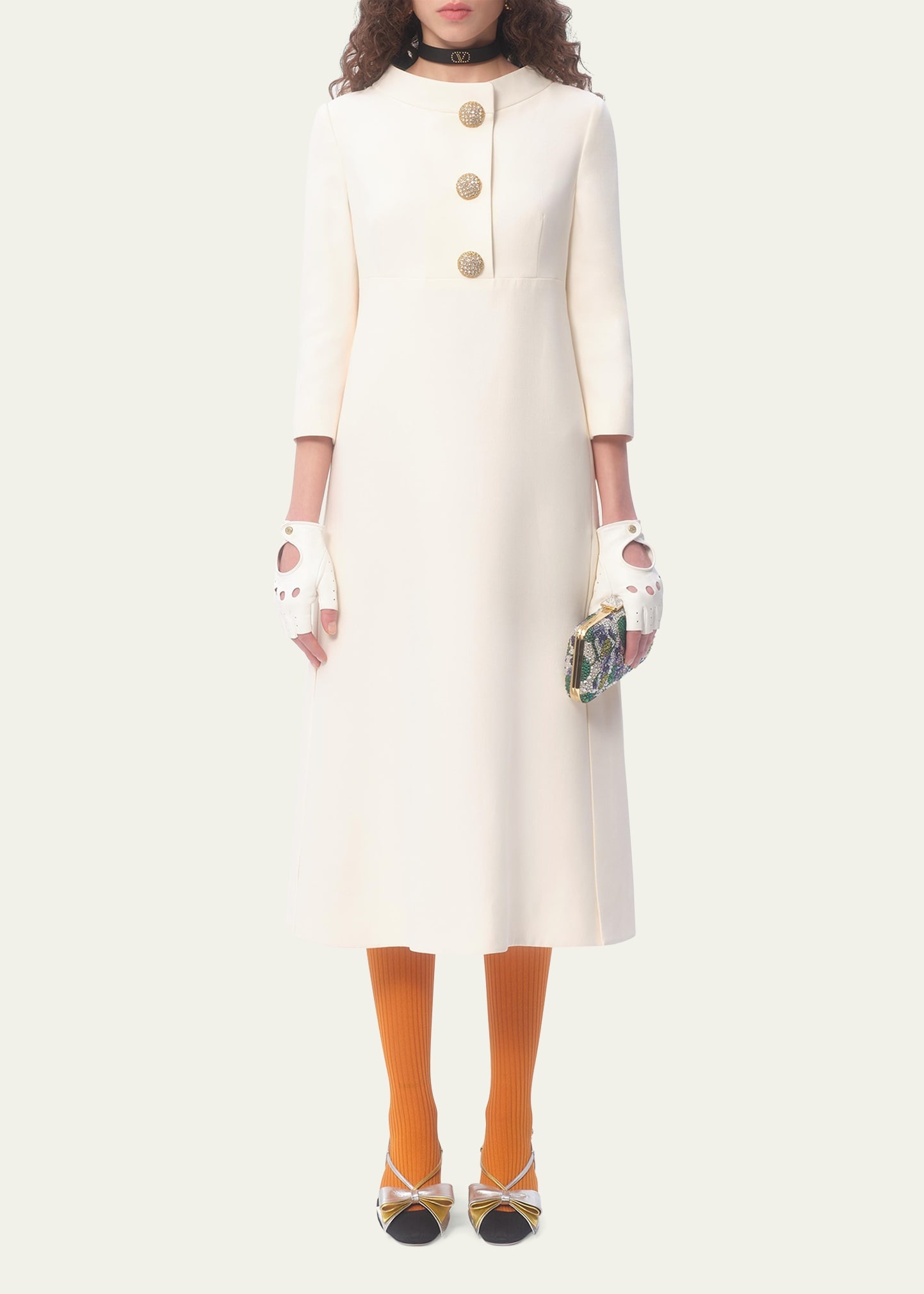 Quarter-Sleeve Brooch Wool Midi Dress - 2