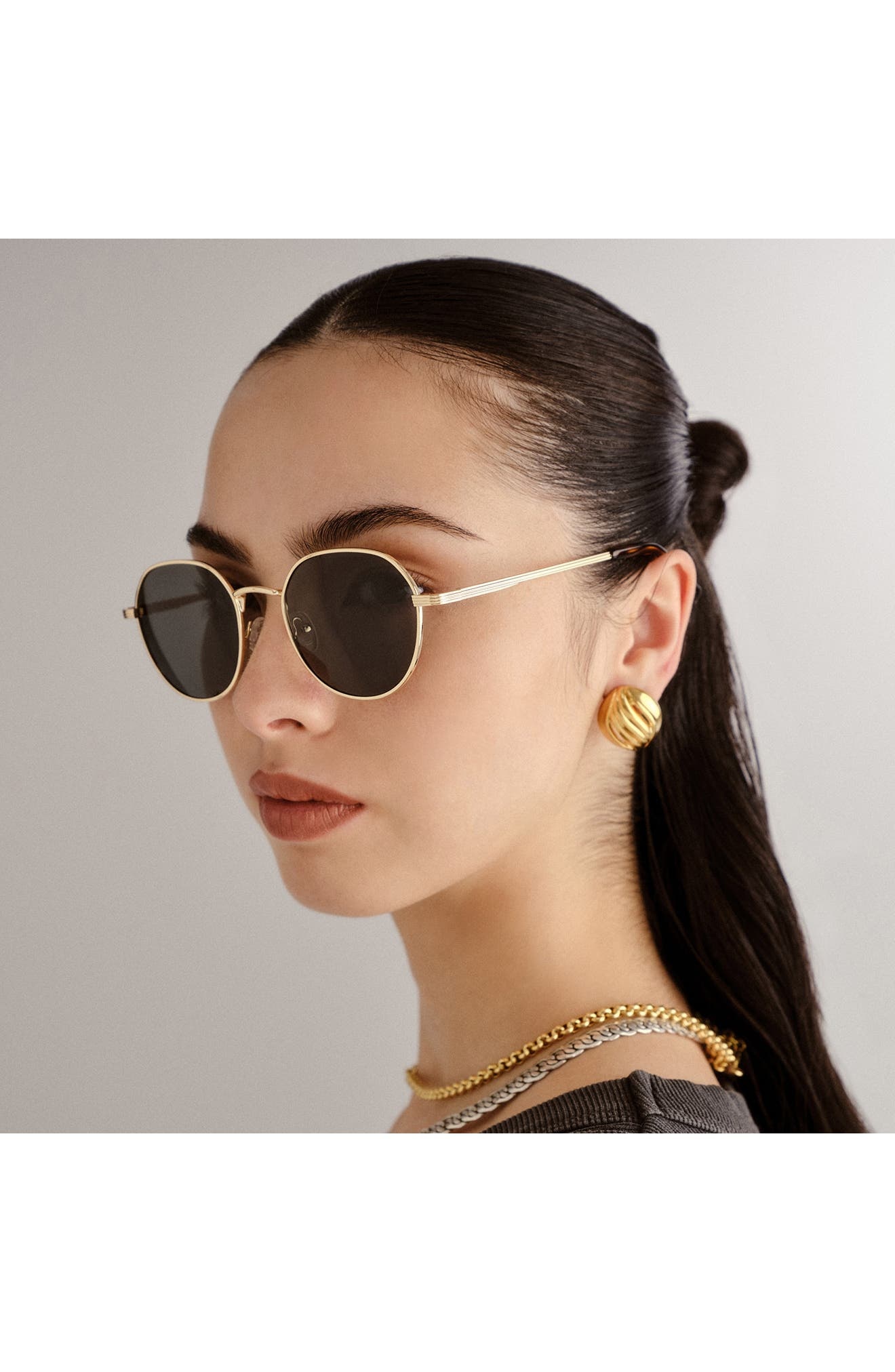 Le Specs Odyssey Round Sunglasses in Gold/Khaki Mono Pol at Nordstrom - 7