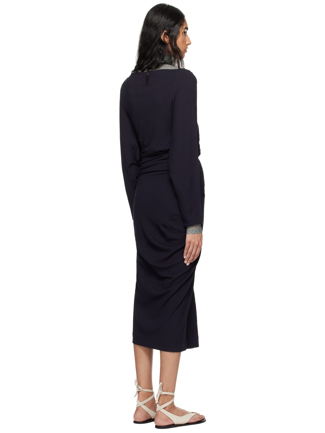 Navy Ribbed Midi Dress - 3