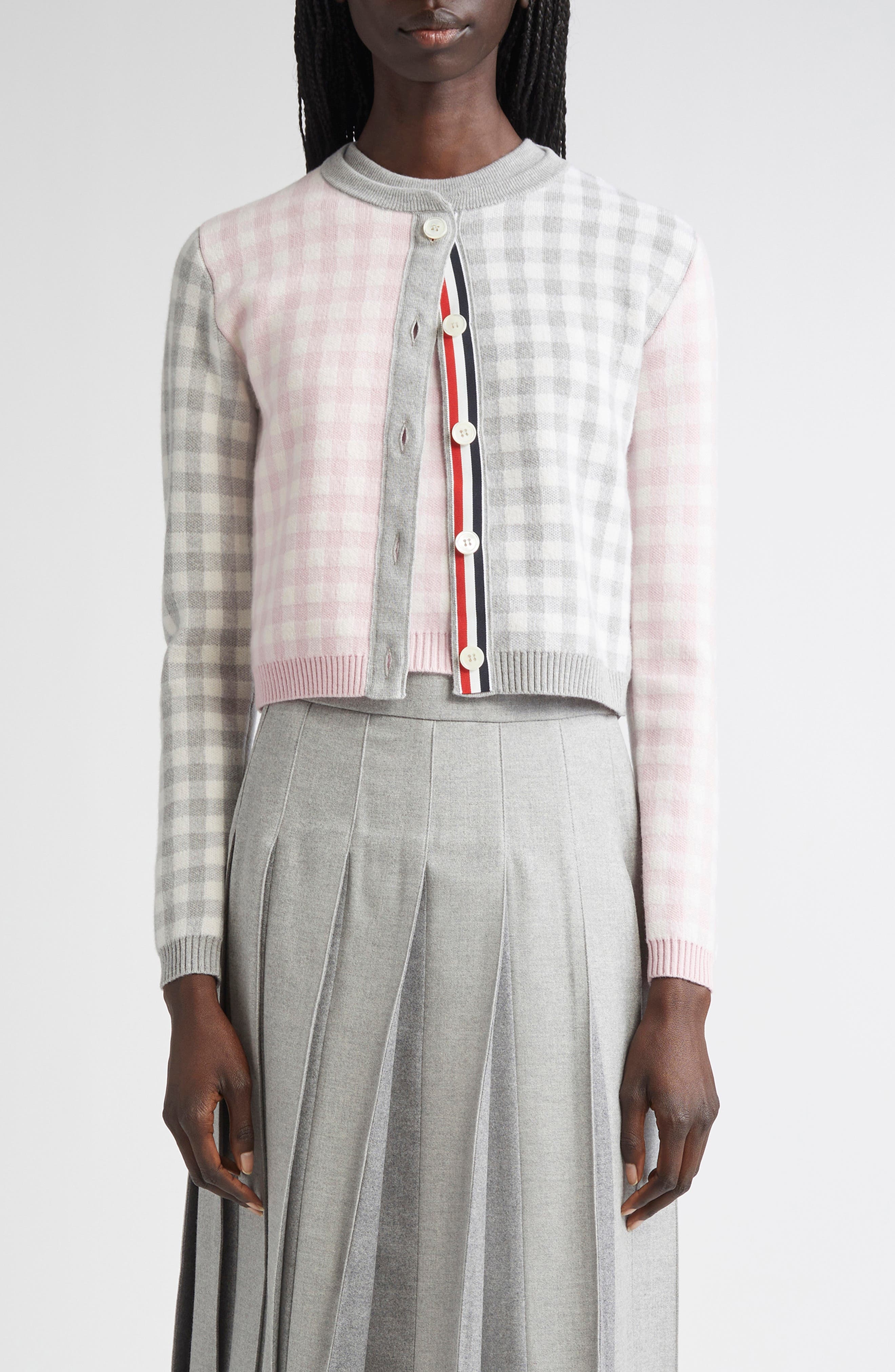 Thom Browne Fun-Mix Gingham Check Bird's Eye Wool Blend Cardigan in Seasonal Combo at Nordstrom - 1