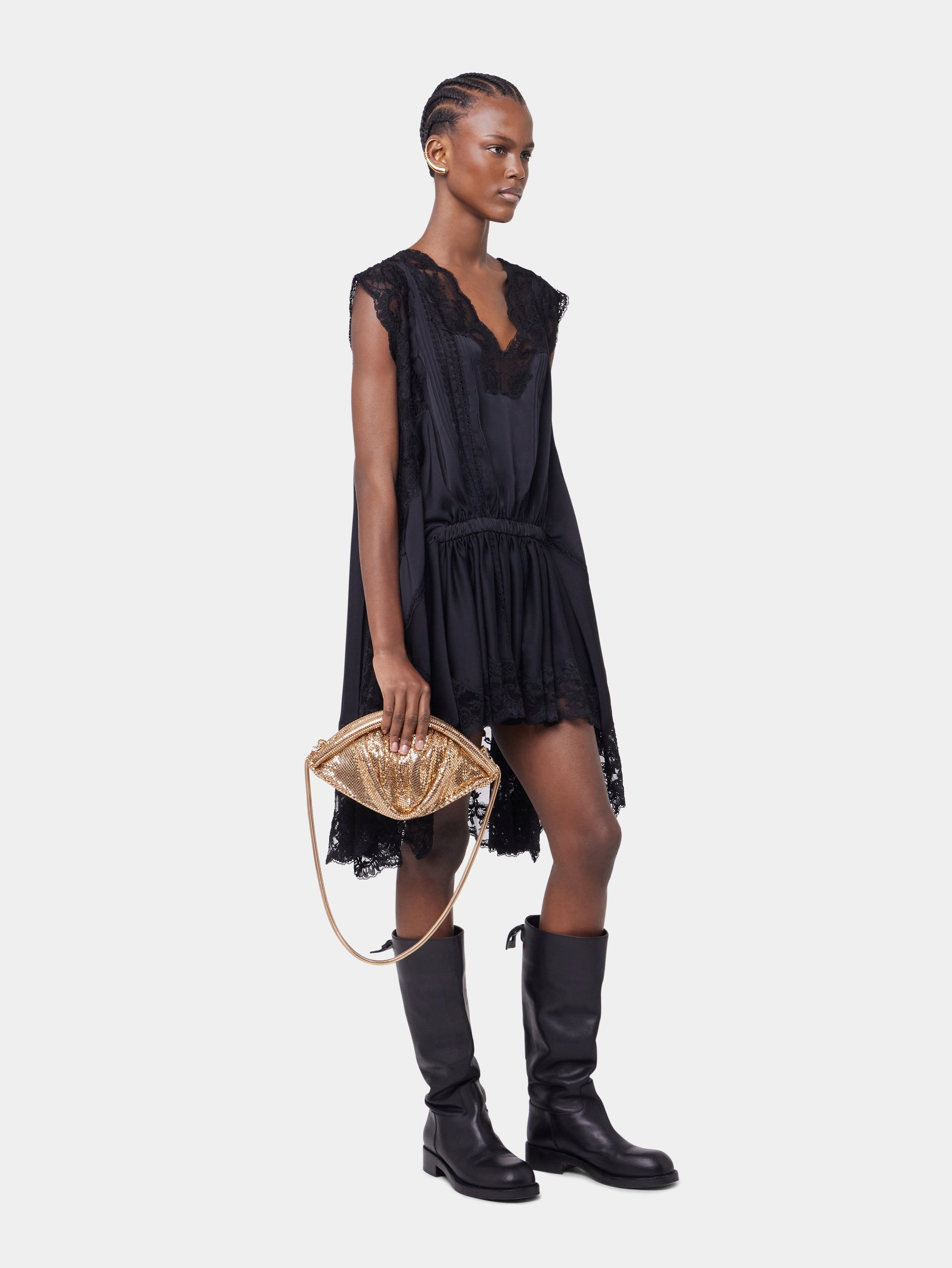 BLACK SHORT DRESS IN LACE AND SATIN - 3