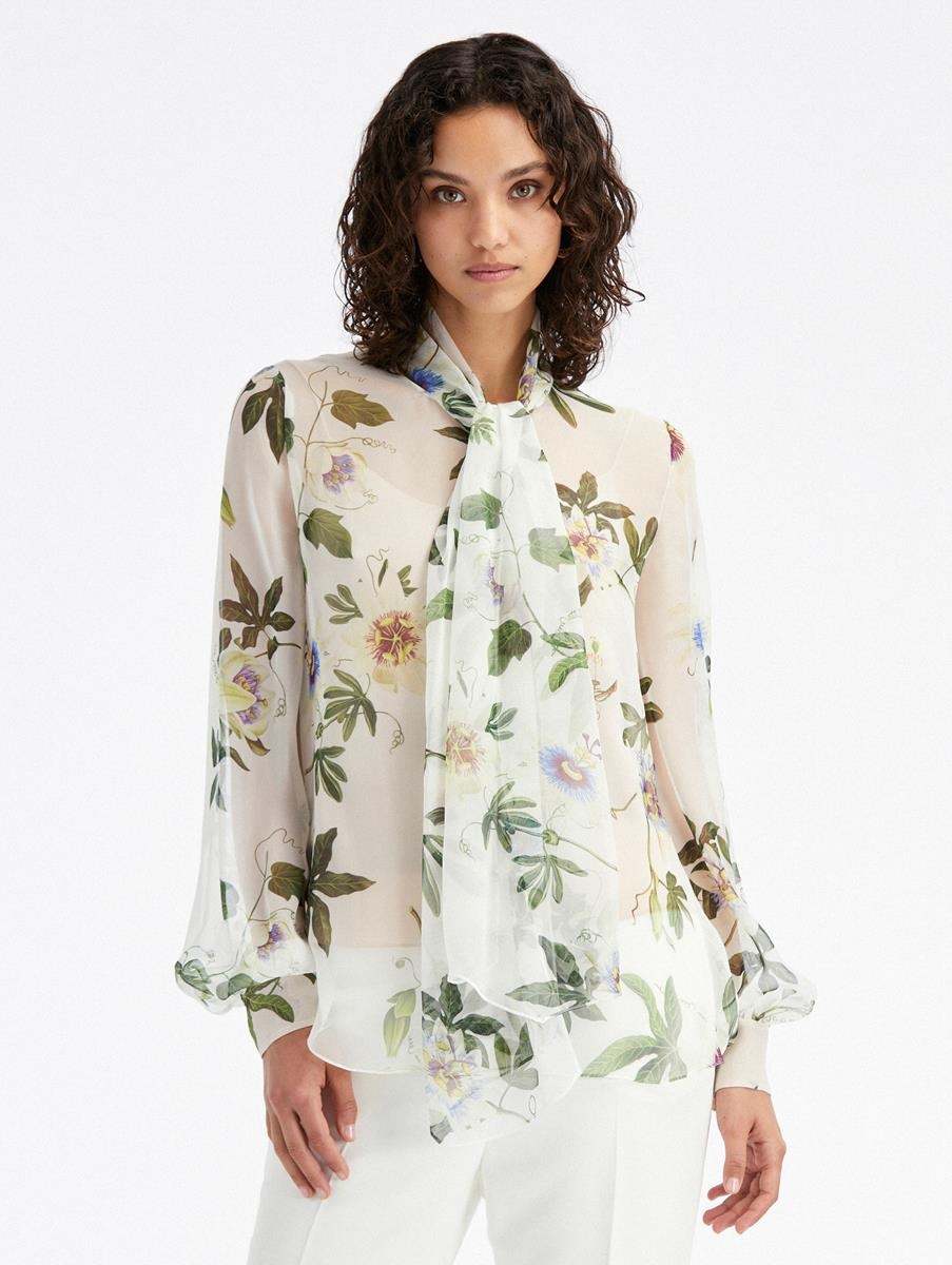 PASSIONFLOWER TIE-NECK CHIFFON BLOUSE - 1