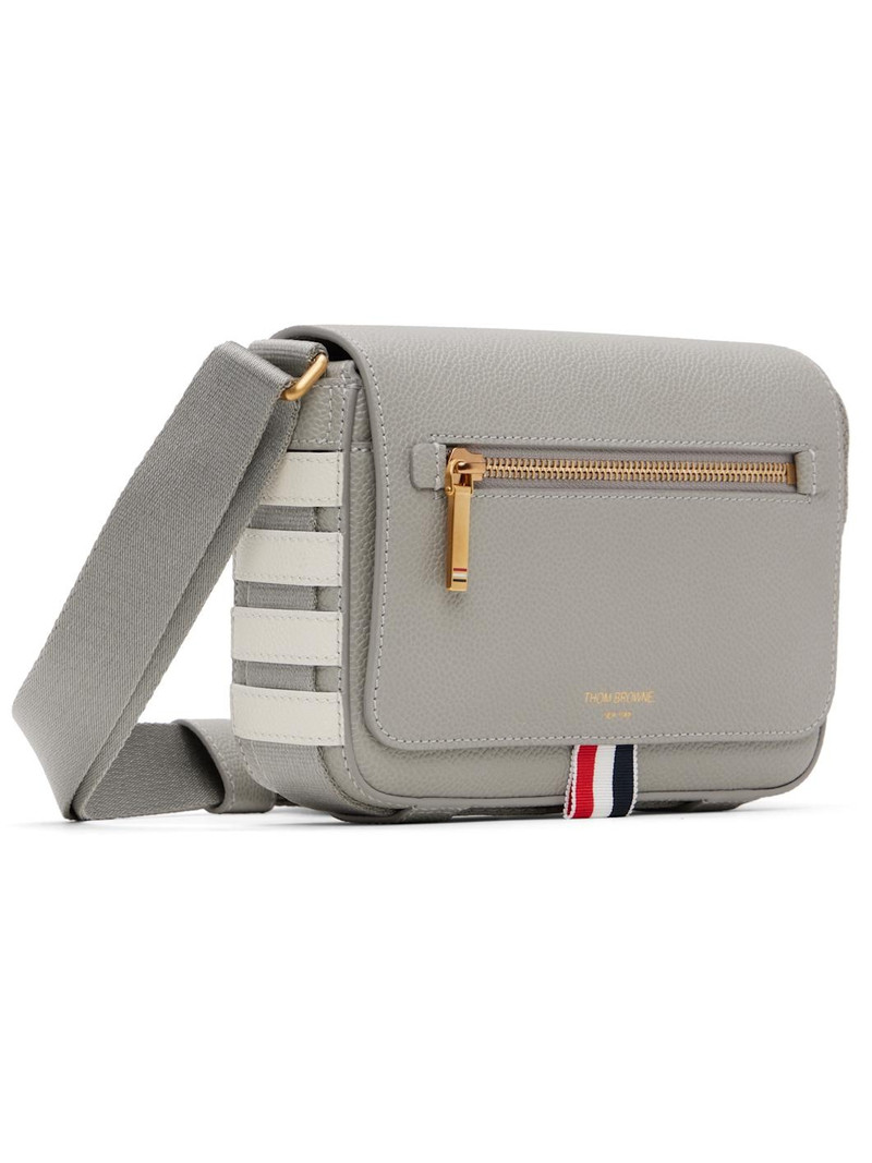 Thom Browne Gray 4-Bar Pebble Grain Small Reporter Bag outlook