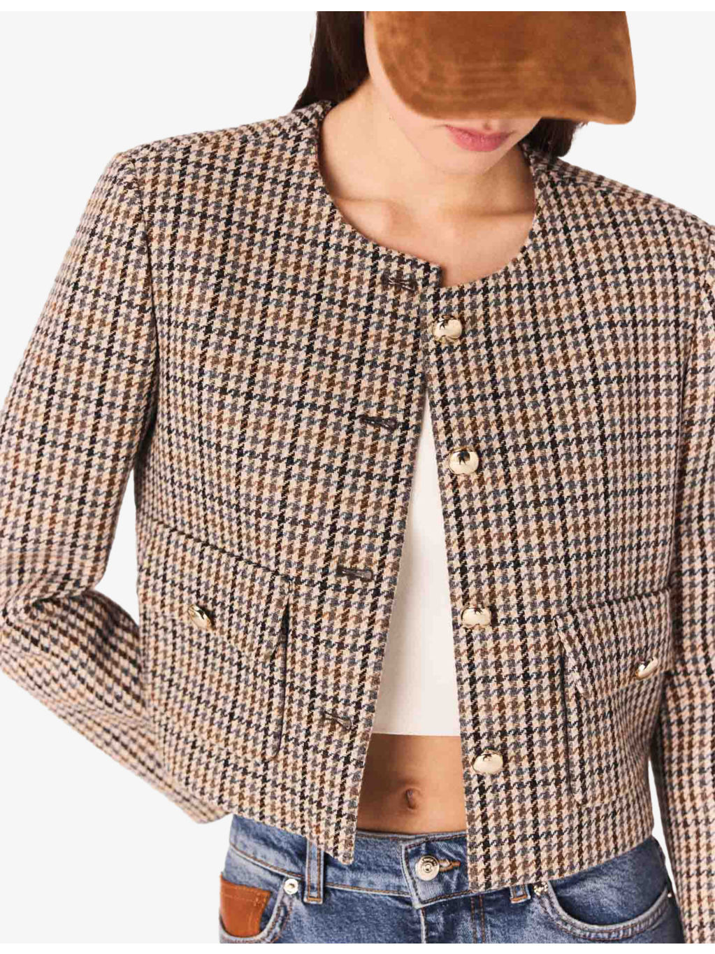 Round-Neck Short Checked Wool-Blend Jacket - 5