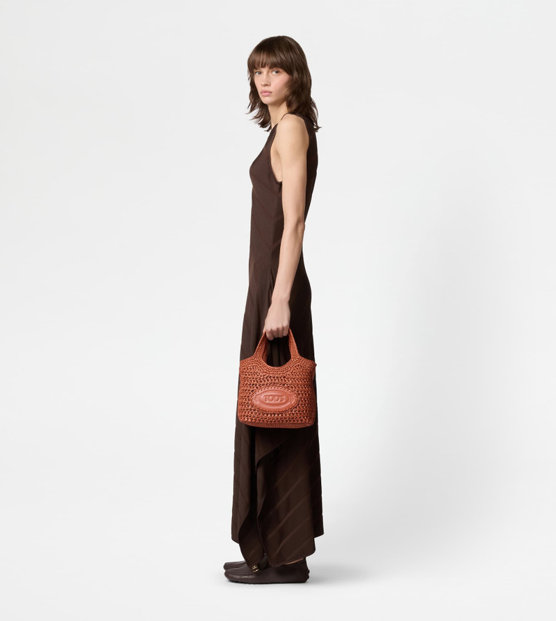 SHOPPING BAG IN RAFFIA AND LEATHER MINI - ORANGE 7