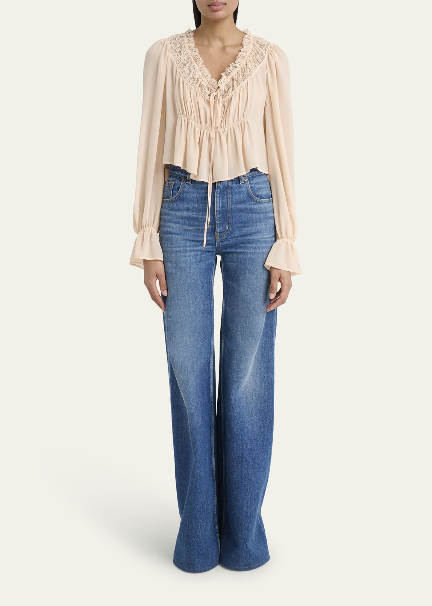 Ruched Lace Silk Peasant Blouse - 2