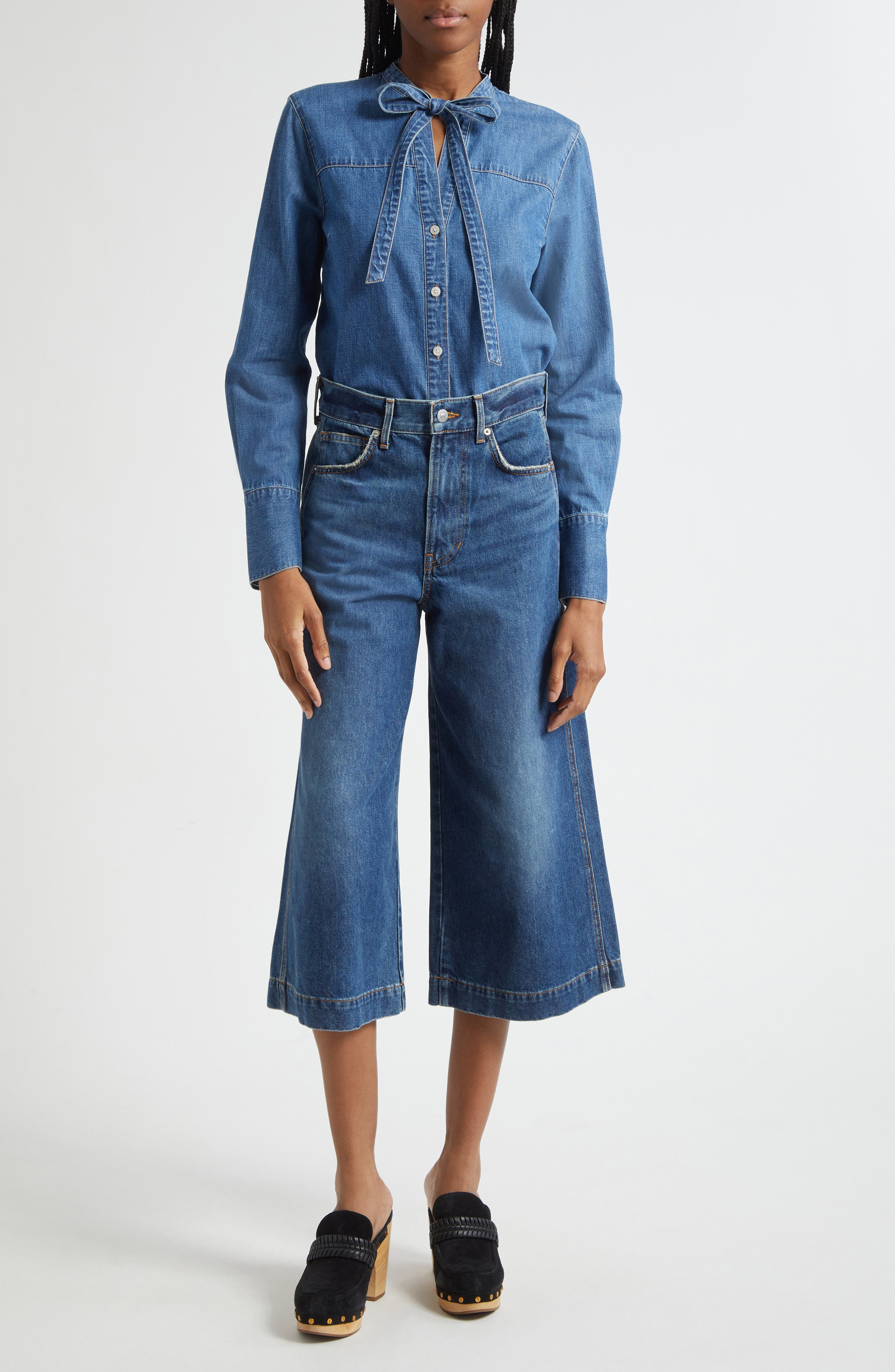 Veronica Beard Gabby Tie Neck Button-Up Denim Shirt in Serendipity at Nordstrom - 2