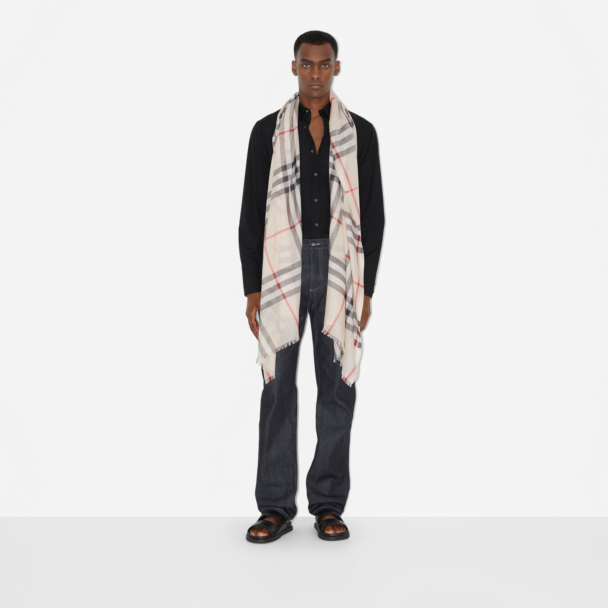 Check Lightweight Wool Silk Scarf - 5