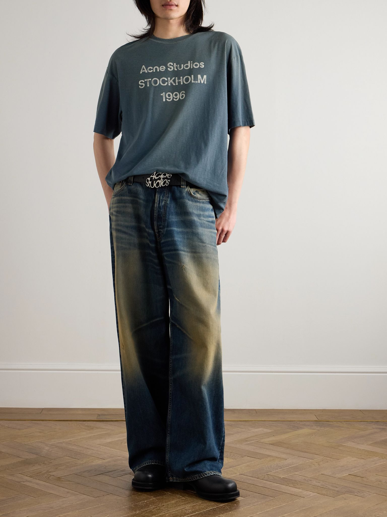 Exford Distressed Logo-Print Cotton and Hemp-Blend Jersey T-Shirt Blue - 2