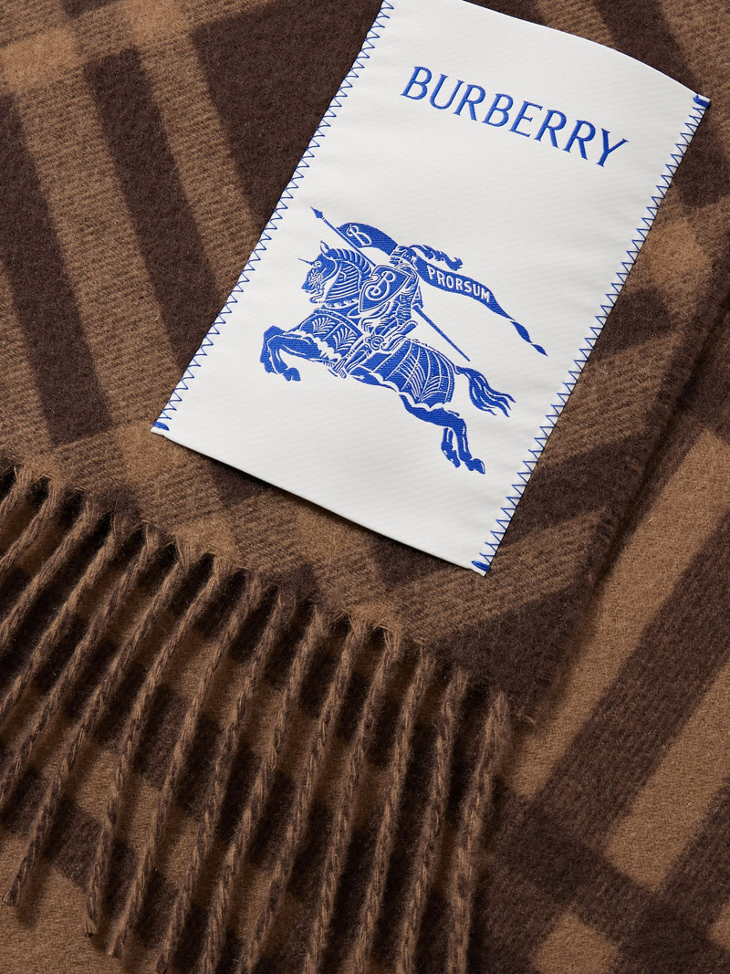 Logo-Appliquéd Fringed Checked Cashmere Scarf Brown 3