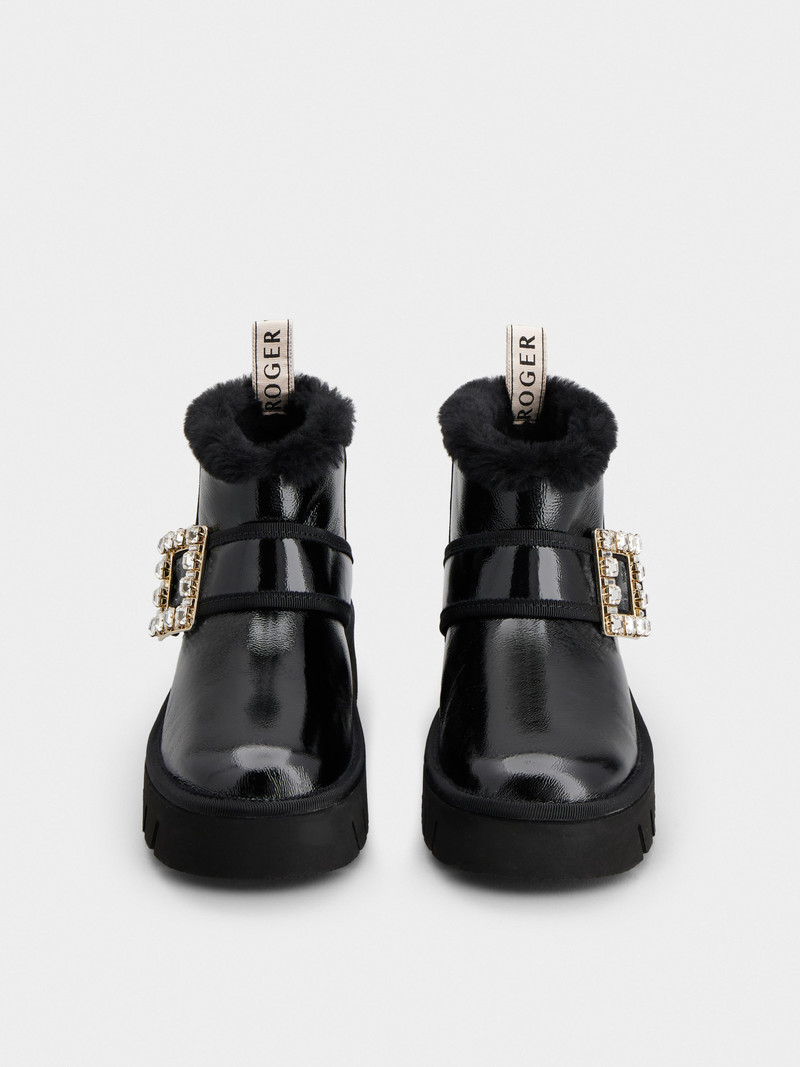 Viv' Winter Fur Strass Buckle Ankle Boots in Patent Leather 7