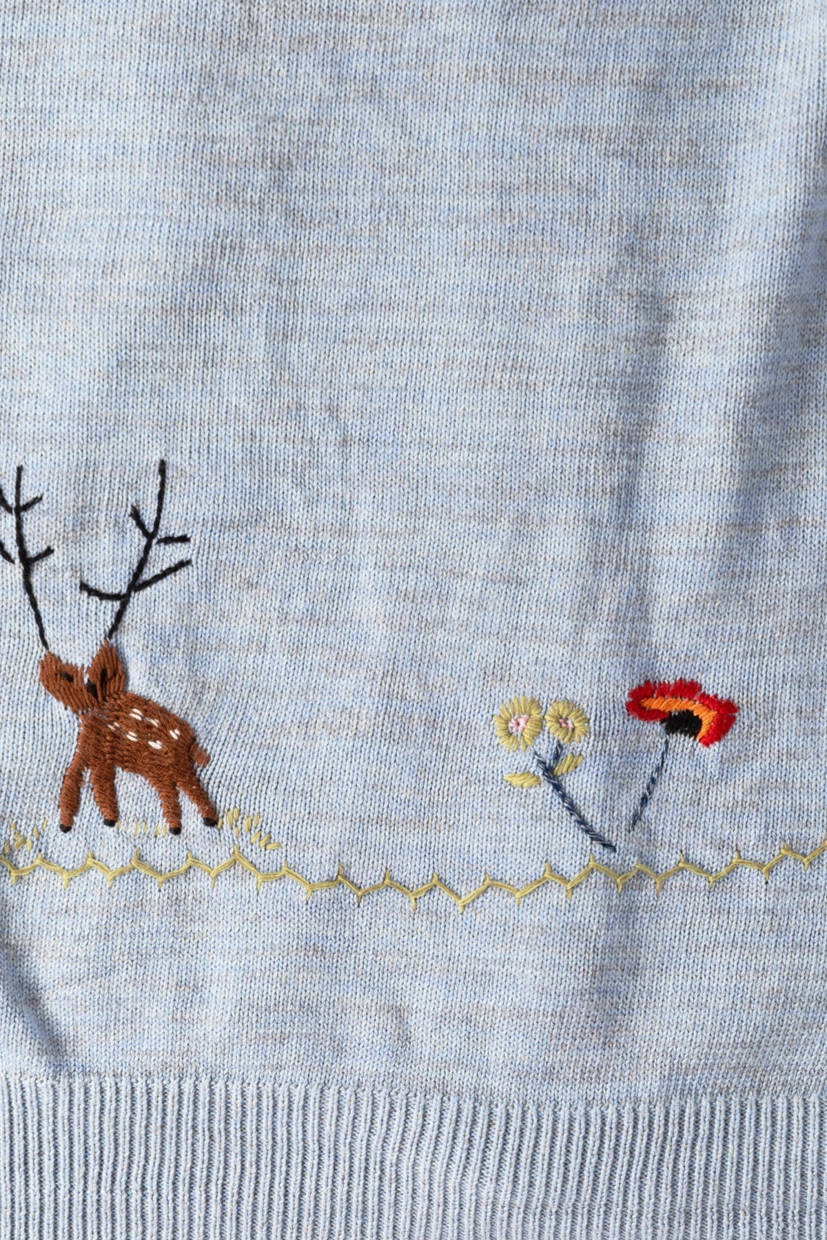 Knit x Chambray Cardigan (Raven & Cat Embroidery) - Sax - 3