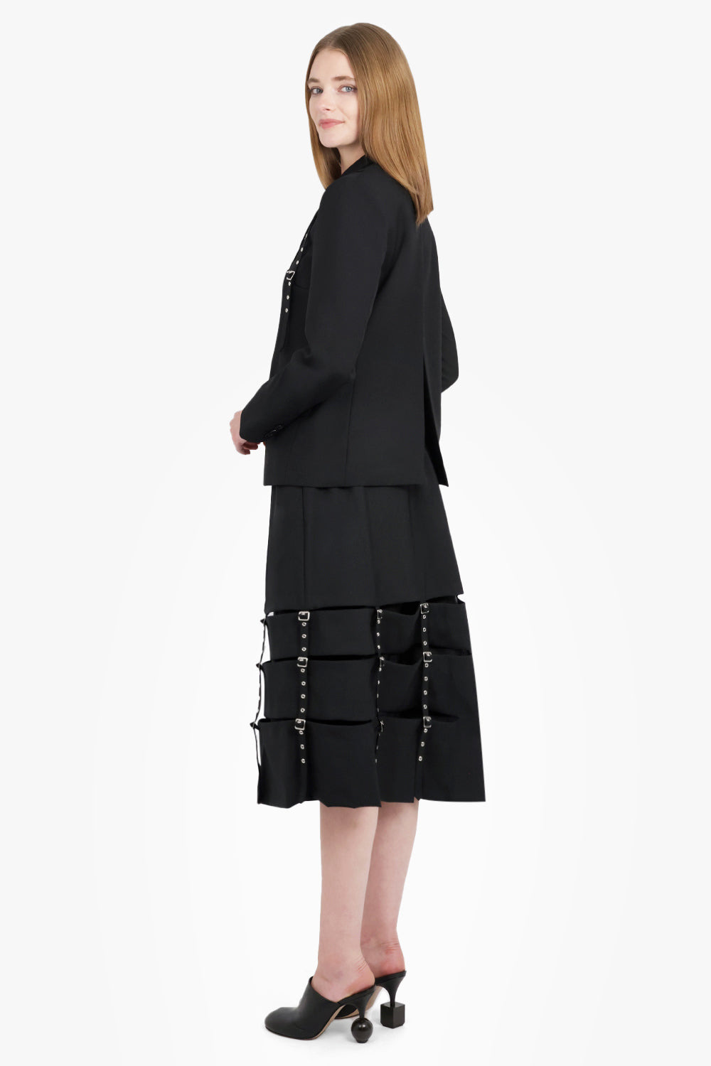 MIDI SKIRT WITH SPLIT SIDE SUSPENDER DETAIL | BLACK - 6