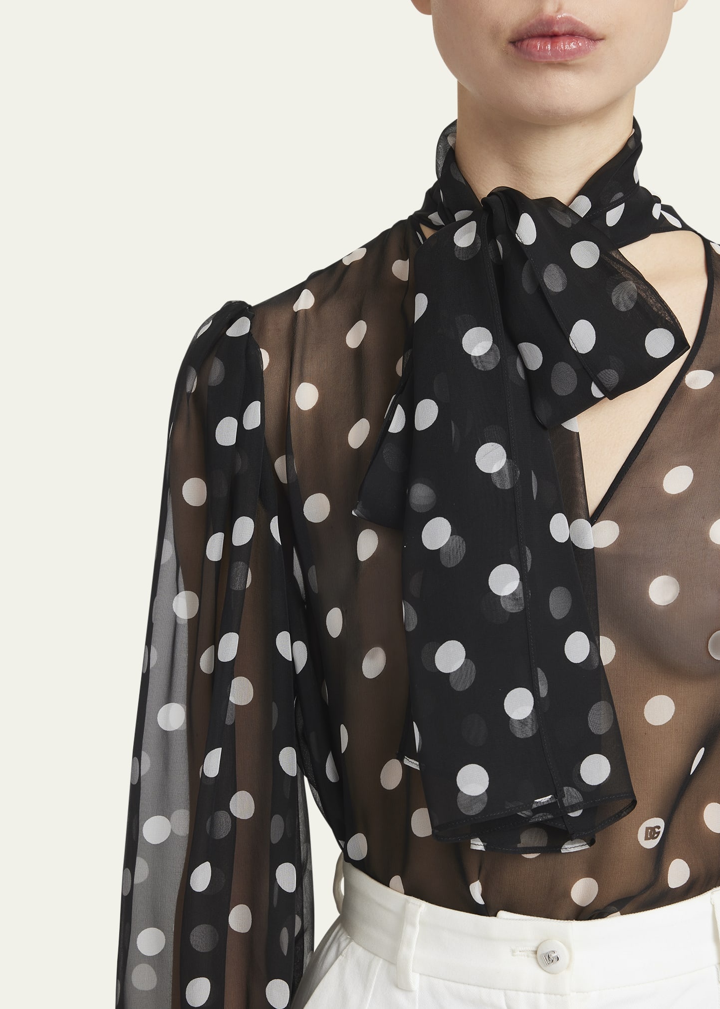 Polka Dot Chiffon Scarf-Neck Blouse - 5