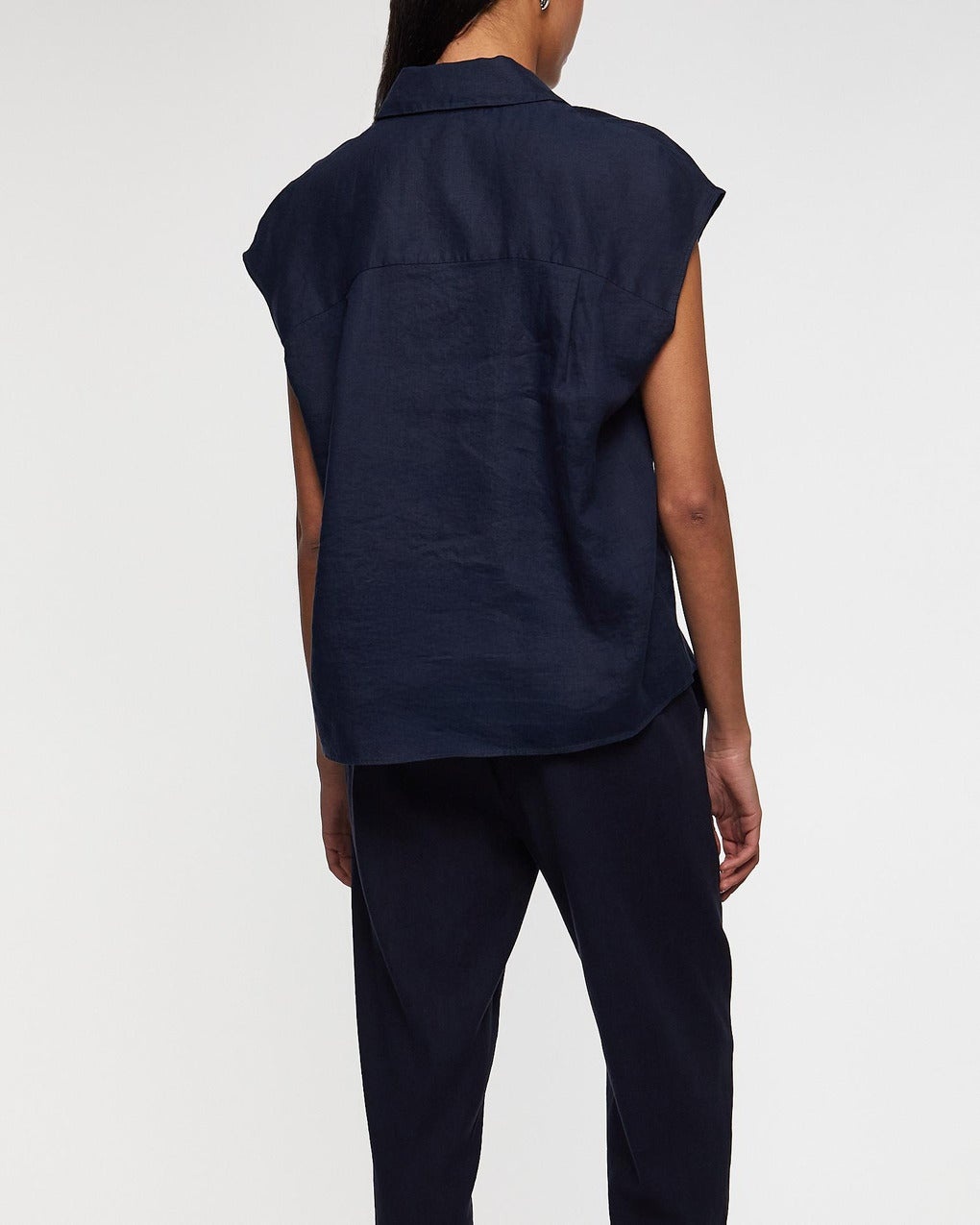 Blouse Linen Cap-Sleeve Button-Front Blue - 4