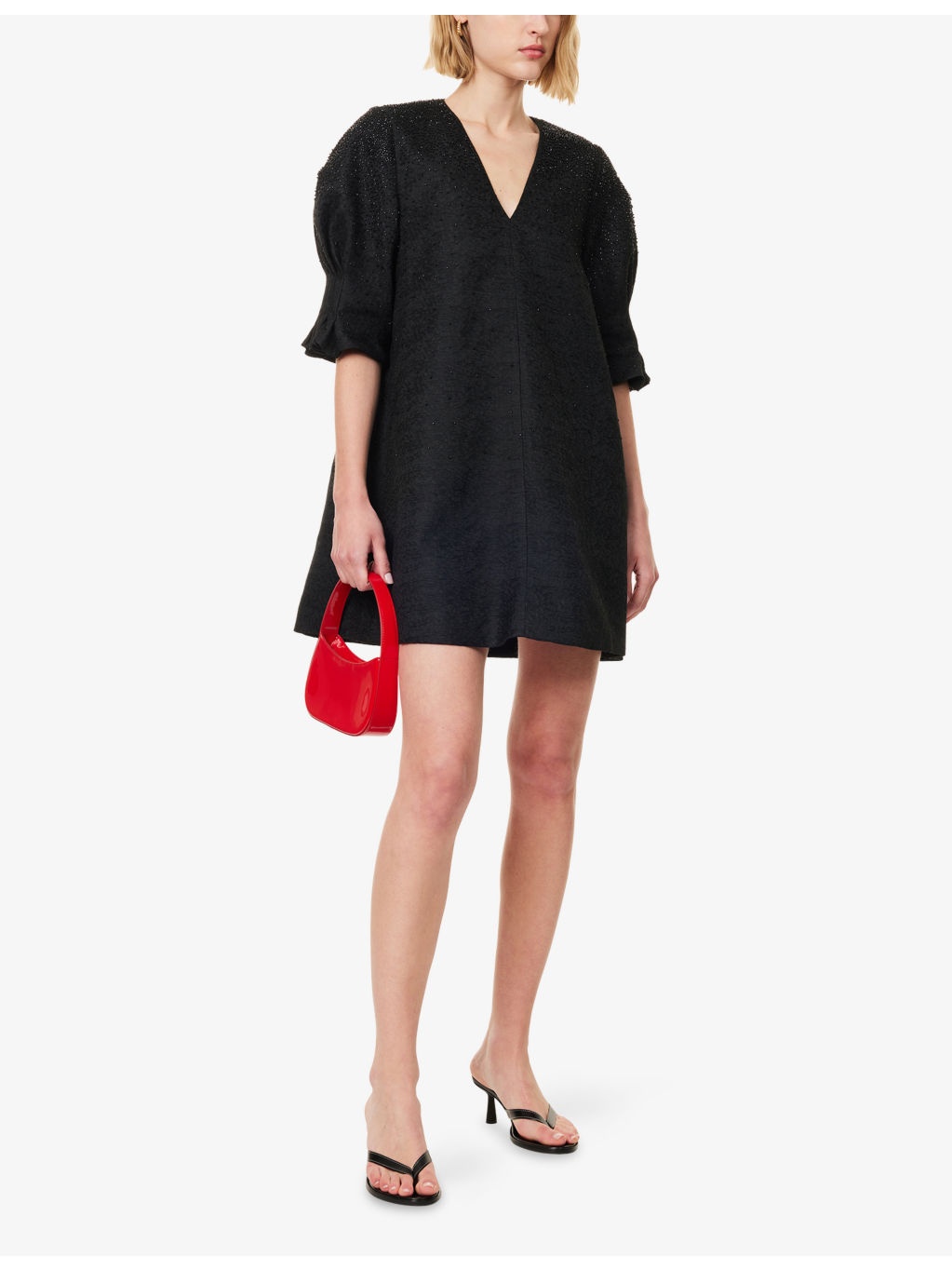 Bead-Embellished Puff-Sleeve Woven Mini Dress - 2