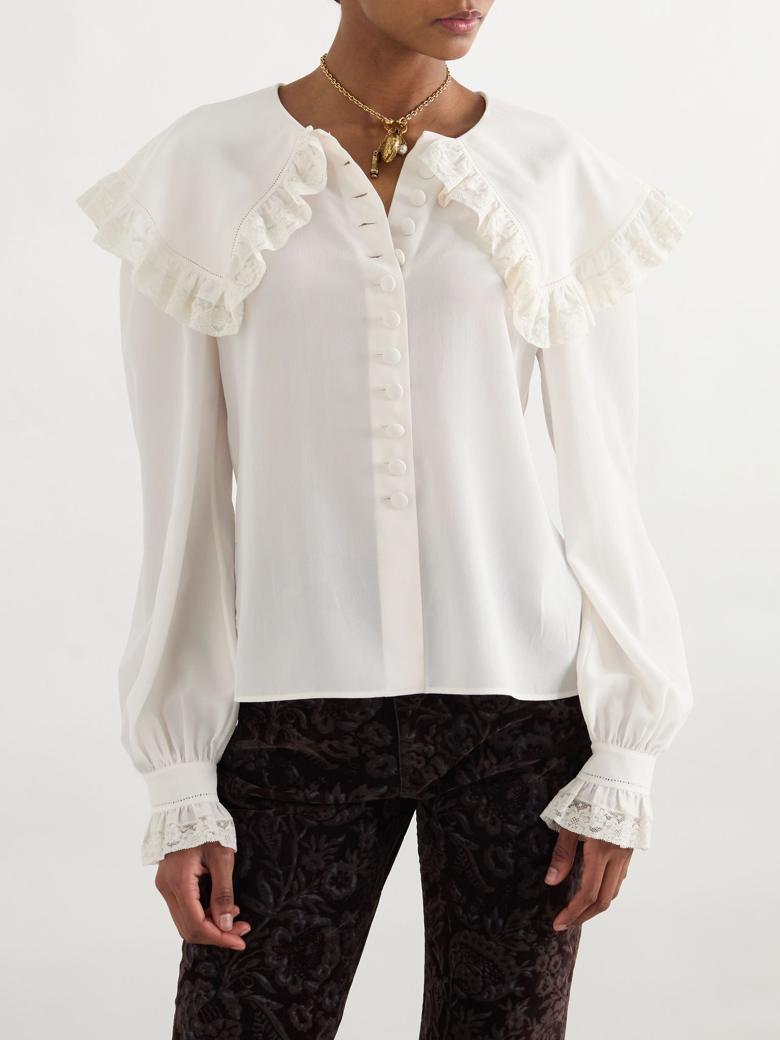 Lace-trimmed organic silk blouse White - 3