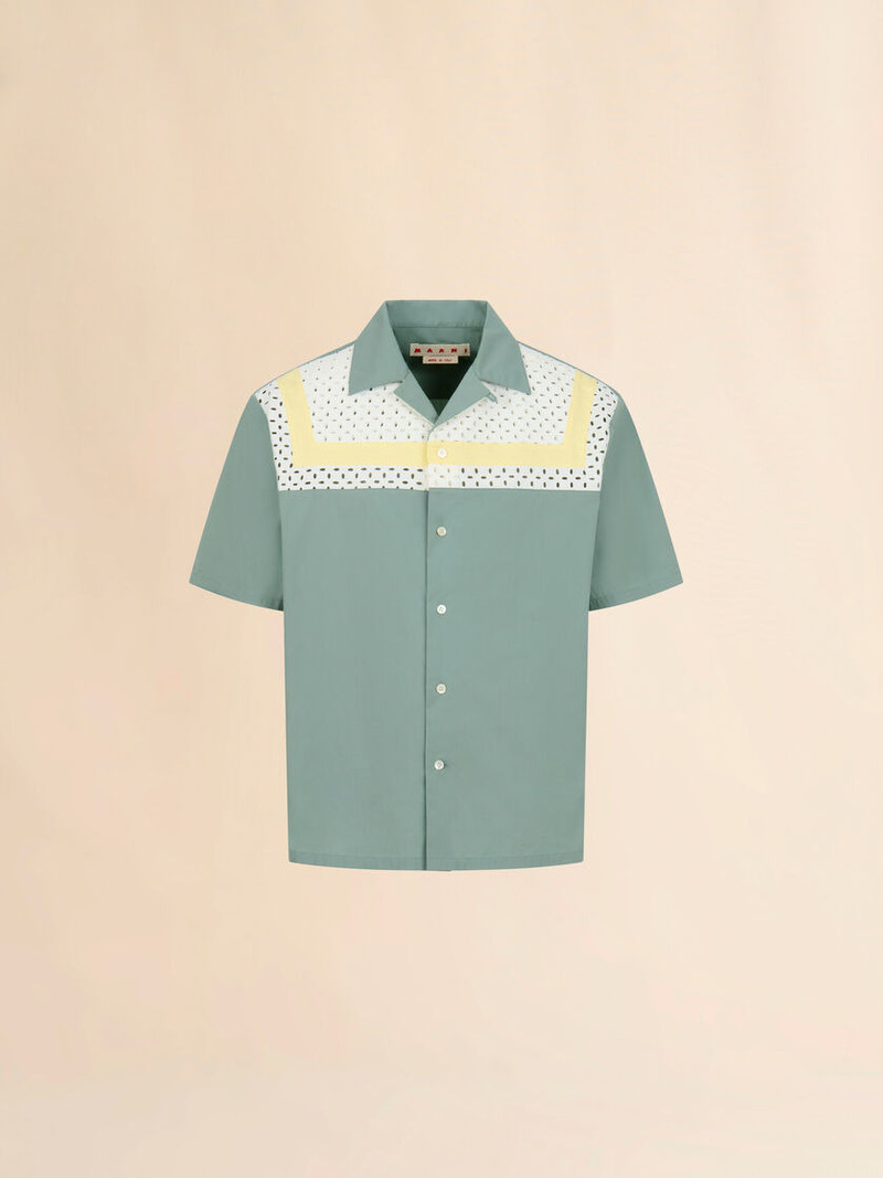 GREEN COTTON-NYLON SHIRT WITH BRODERIE ANGLAISE YOKE 1