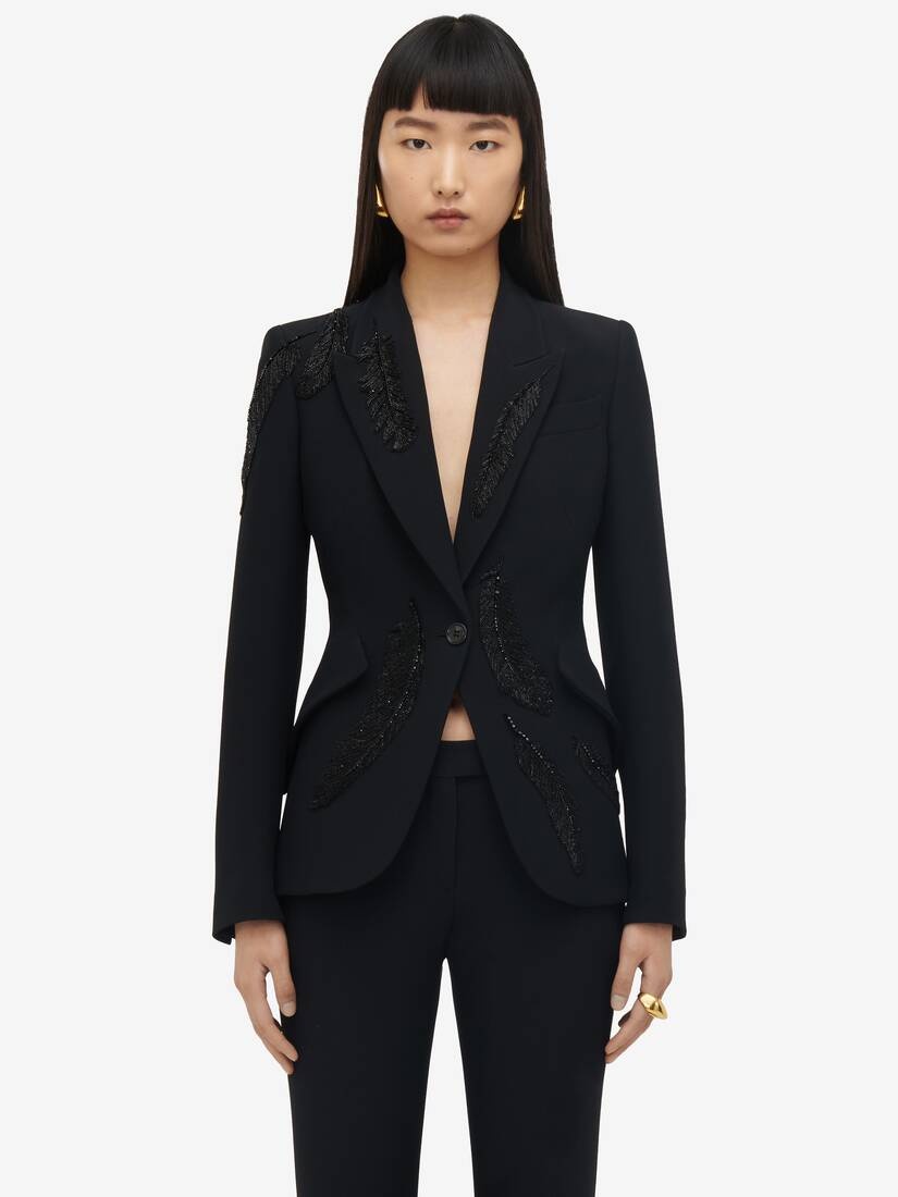 Women's Feather Embroidery Peak Shoulder Jacket in Black - 2