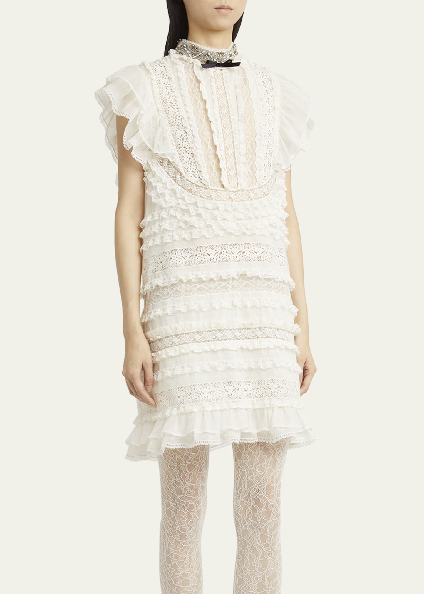Crystal Neckline Ruffle Bow Linen Dress - 4