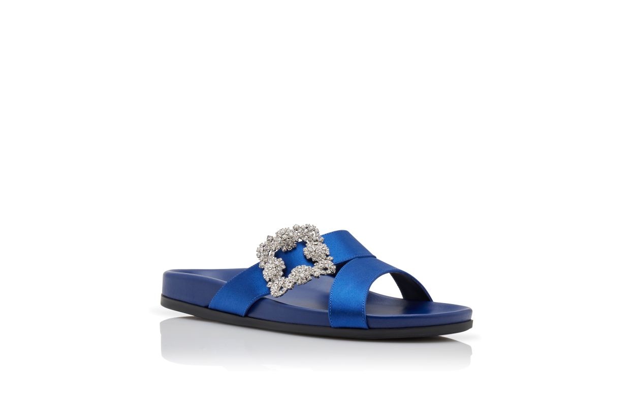 Blue Satin Jewel Buckle Flat Mules - 3