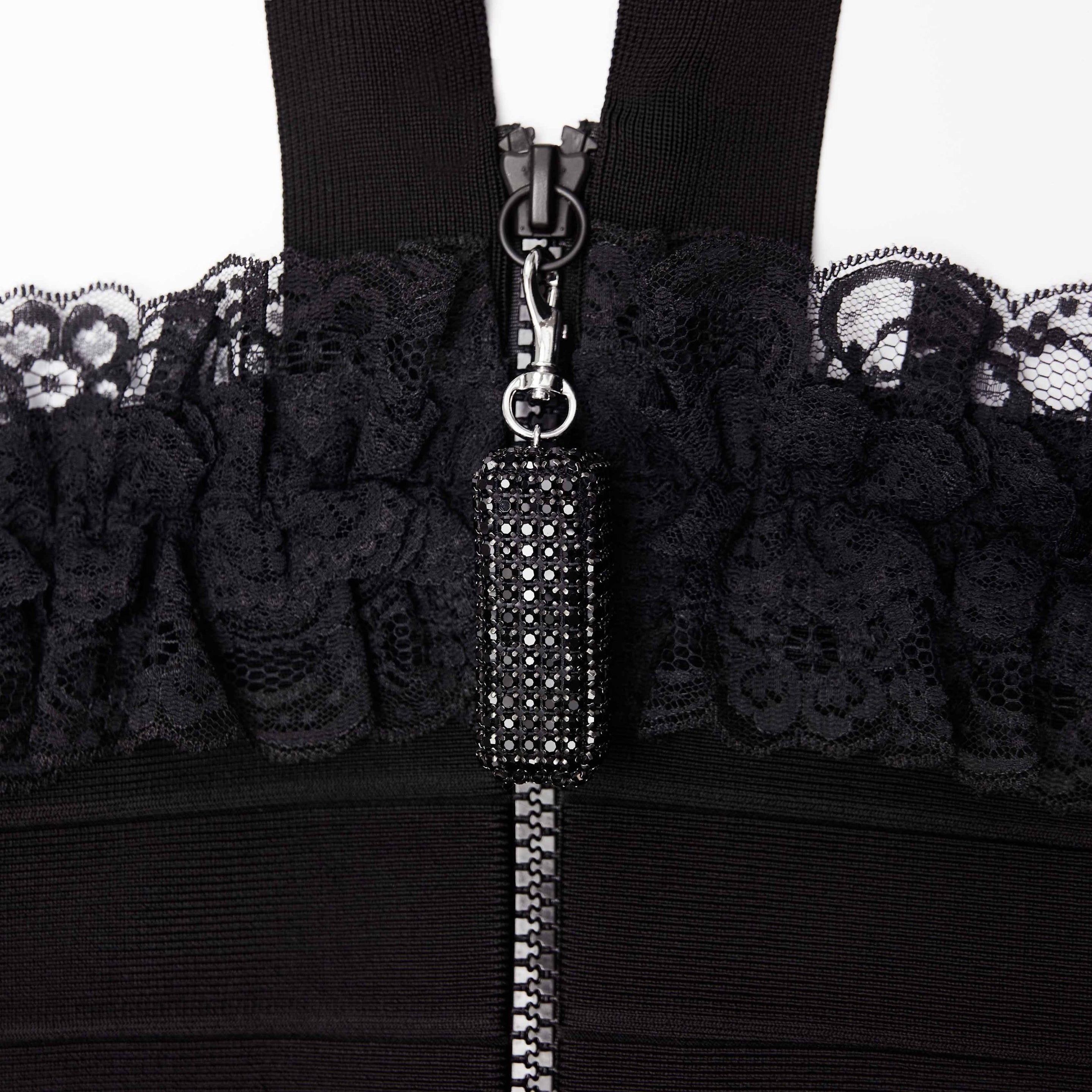 Black Knit Zip Ruffle Midi Dress - 5