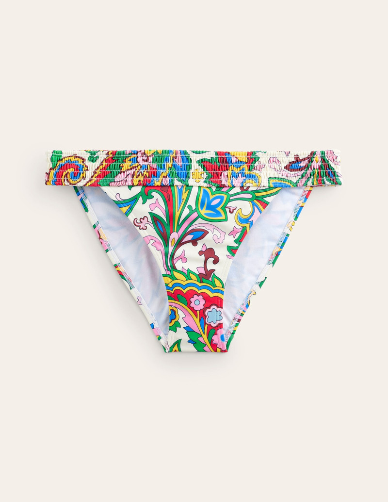 Milos Smocked Bikini Bottoms-Ivory, Paisley Azure 7