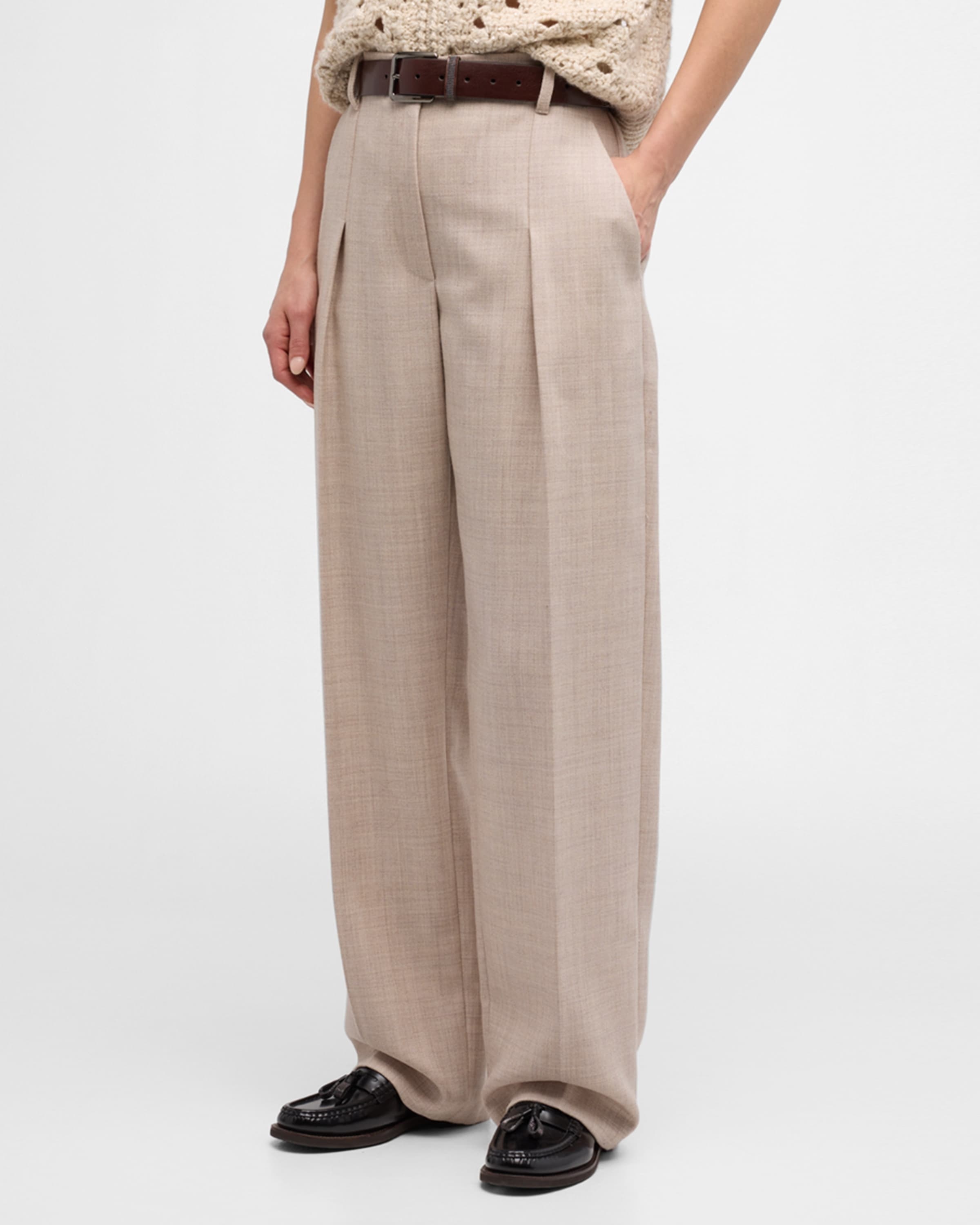 Combed Wool Herringbone Pleated Wide-Leg Pants - 2