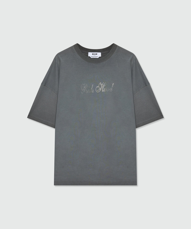 Anthracite grey short-sleeve cotton jersey T-shirt with rhinestone lettering on the front 1