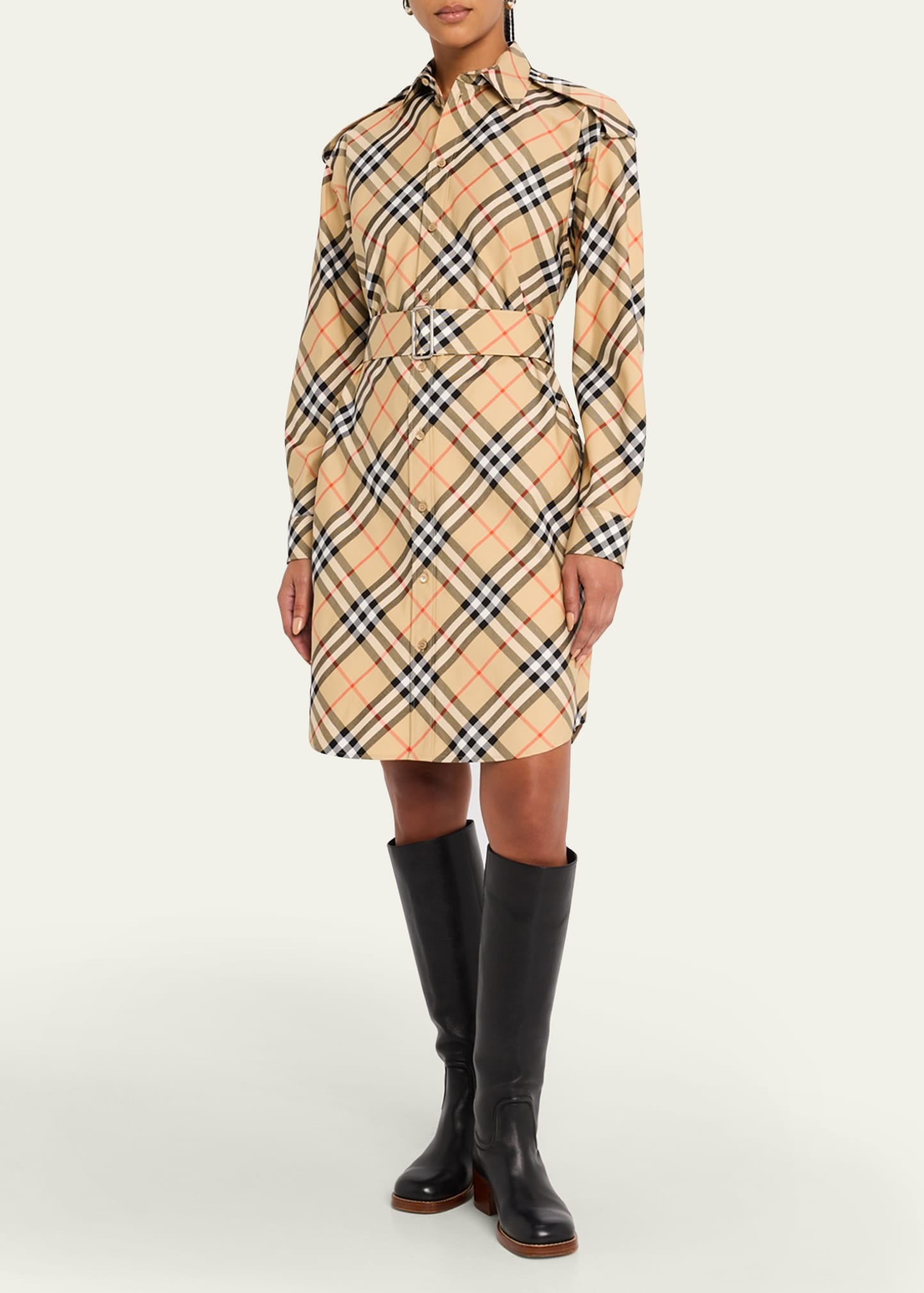 Check Belted Long-Sleeve Shirtdress - 2