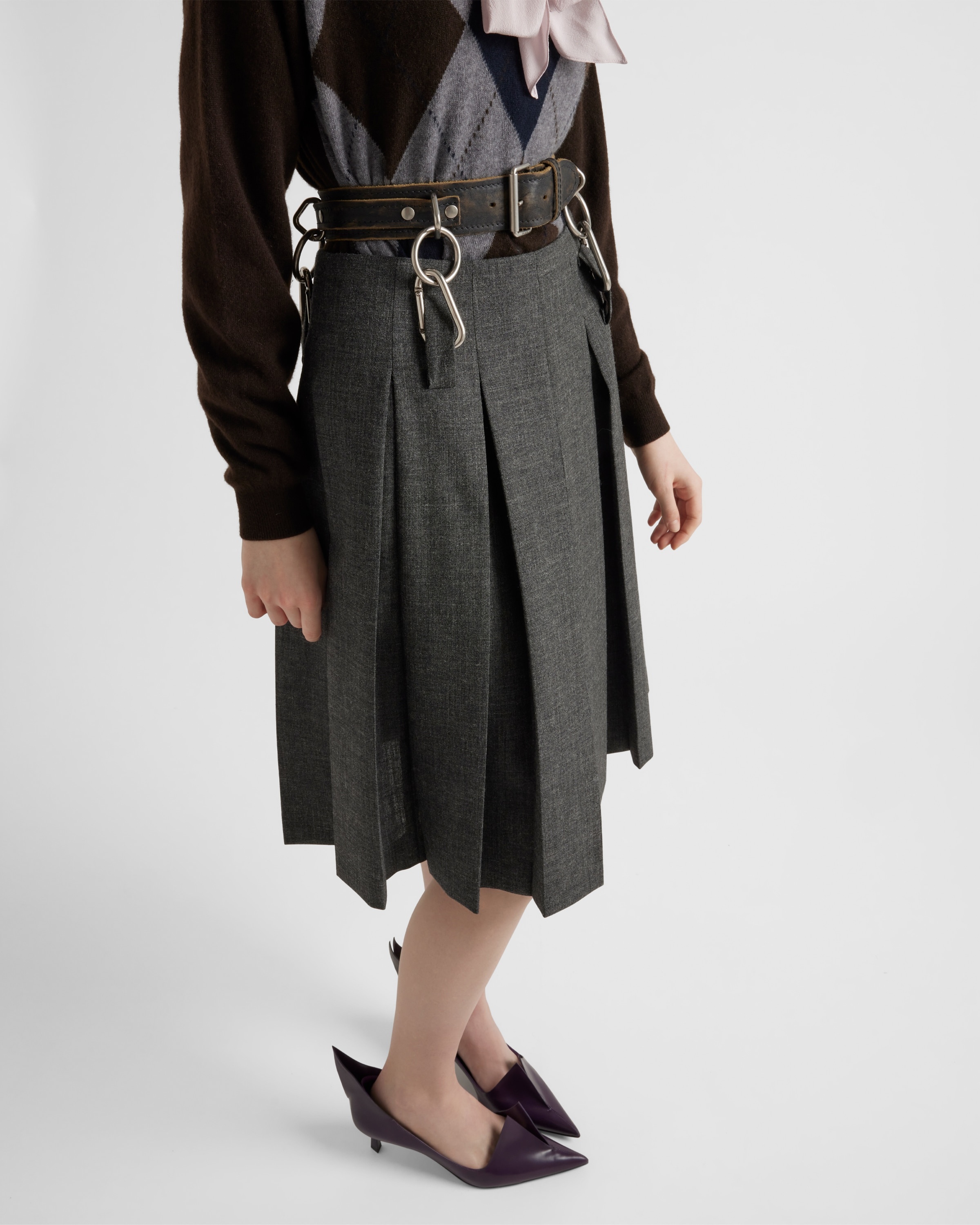 Pleated rush stitch skirt with belt - 3
