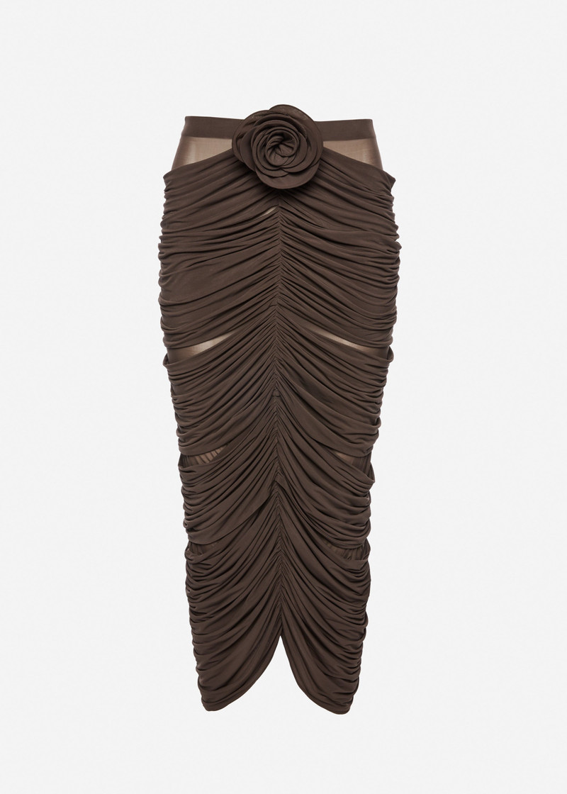 Draped flower-detail midi skirt in brown 1