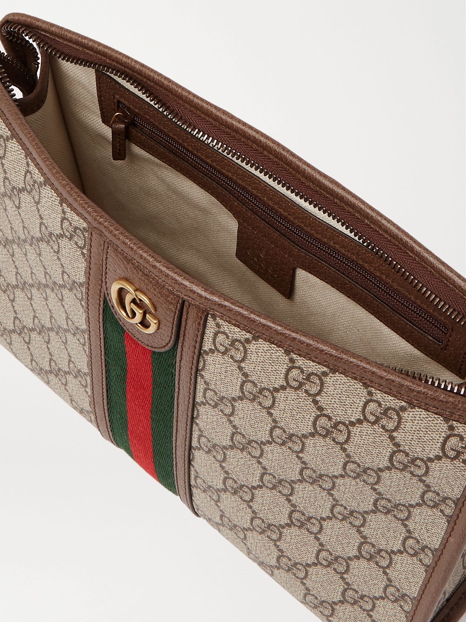 Ophidia Leather and Webbing-Trimmed Logo-Jacquard Coated-Canvas Wash Bag Brown - 4