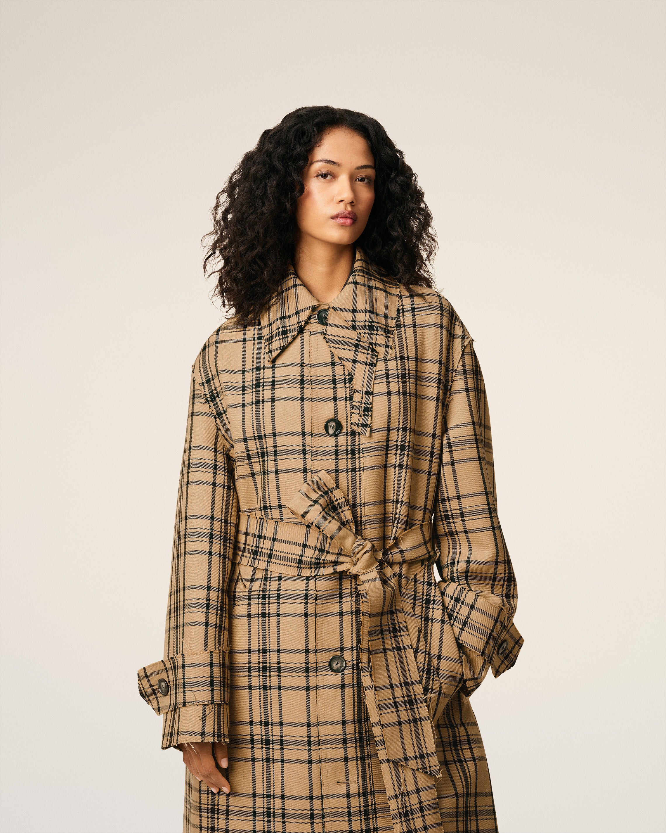 BROWN WOOL CHECKED BELTED MAC - 3