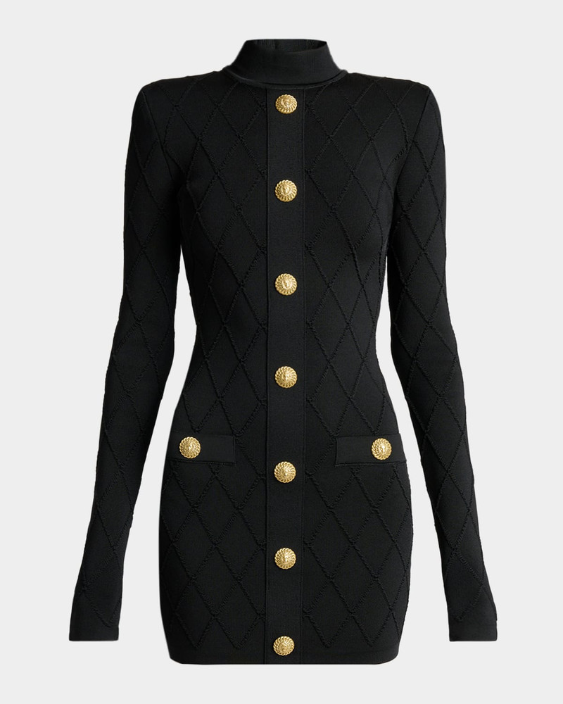 Long-Sleeve Buttoned Knit Mini Dress 1