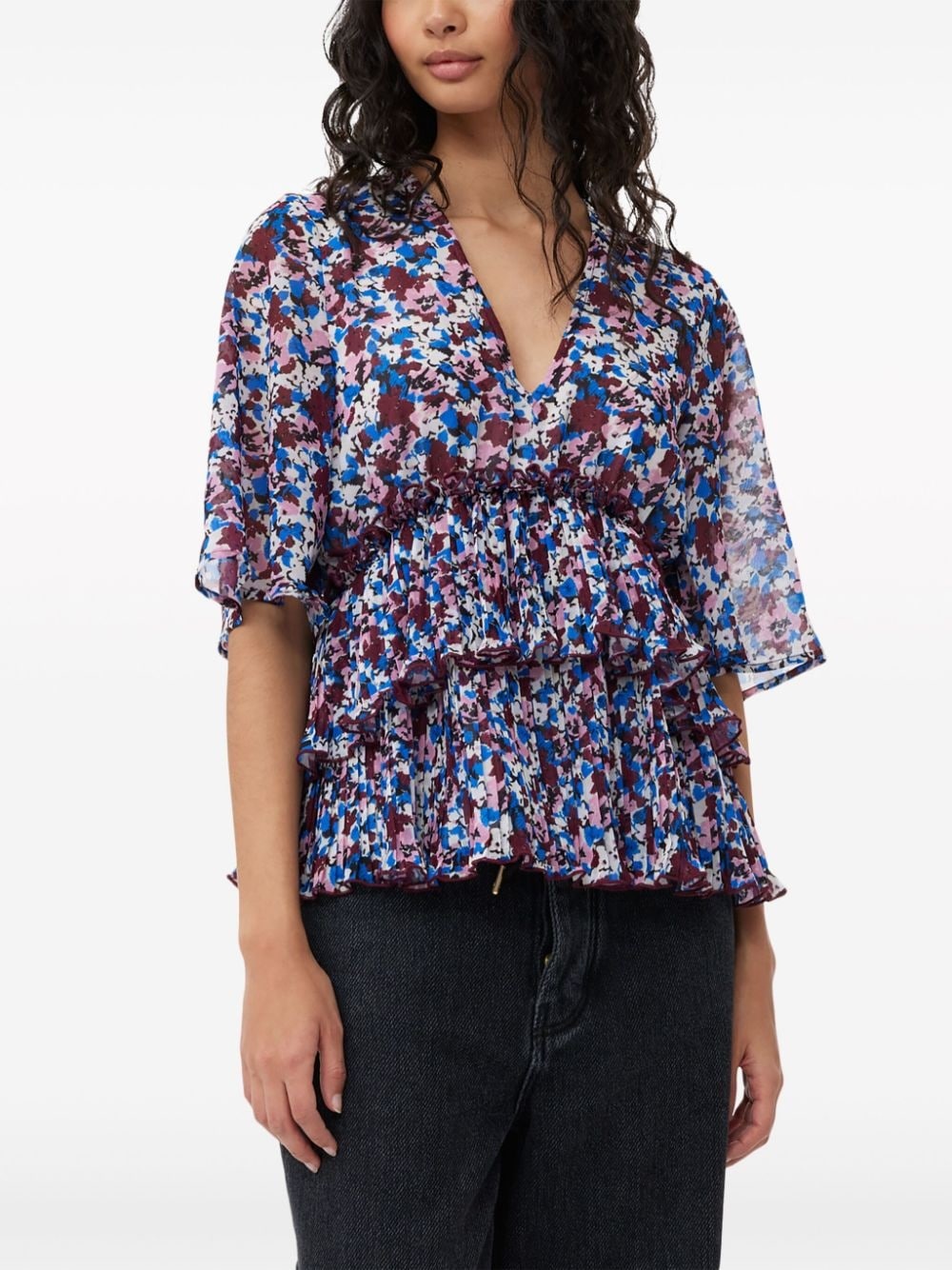 floral-print V-neck pleated blouse - 5