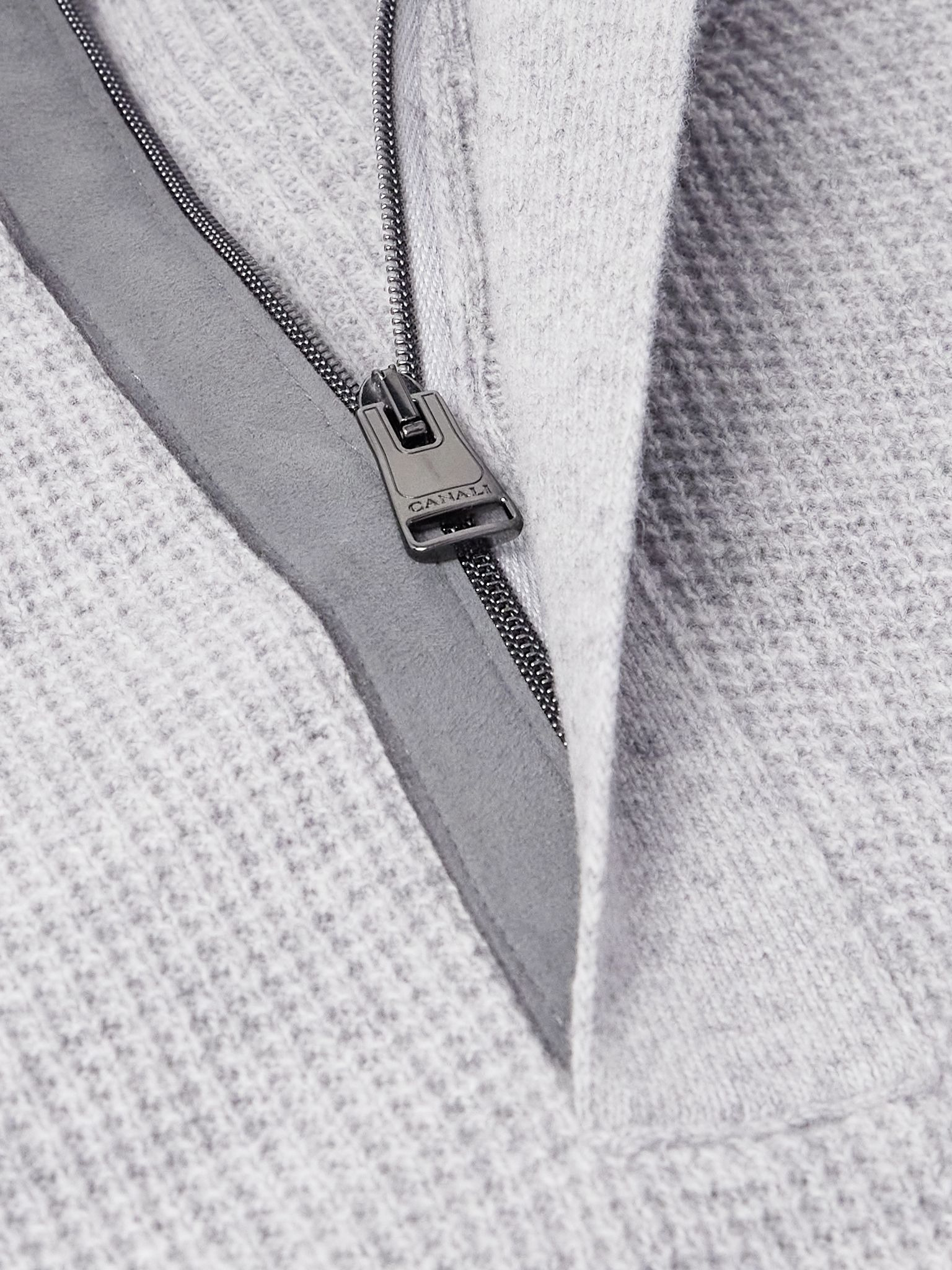 Slim-Fit Suede-Trimmed Ribbed Wool and Cashmere-Blend Half-Zip Sweater Gray - 4