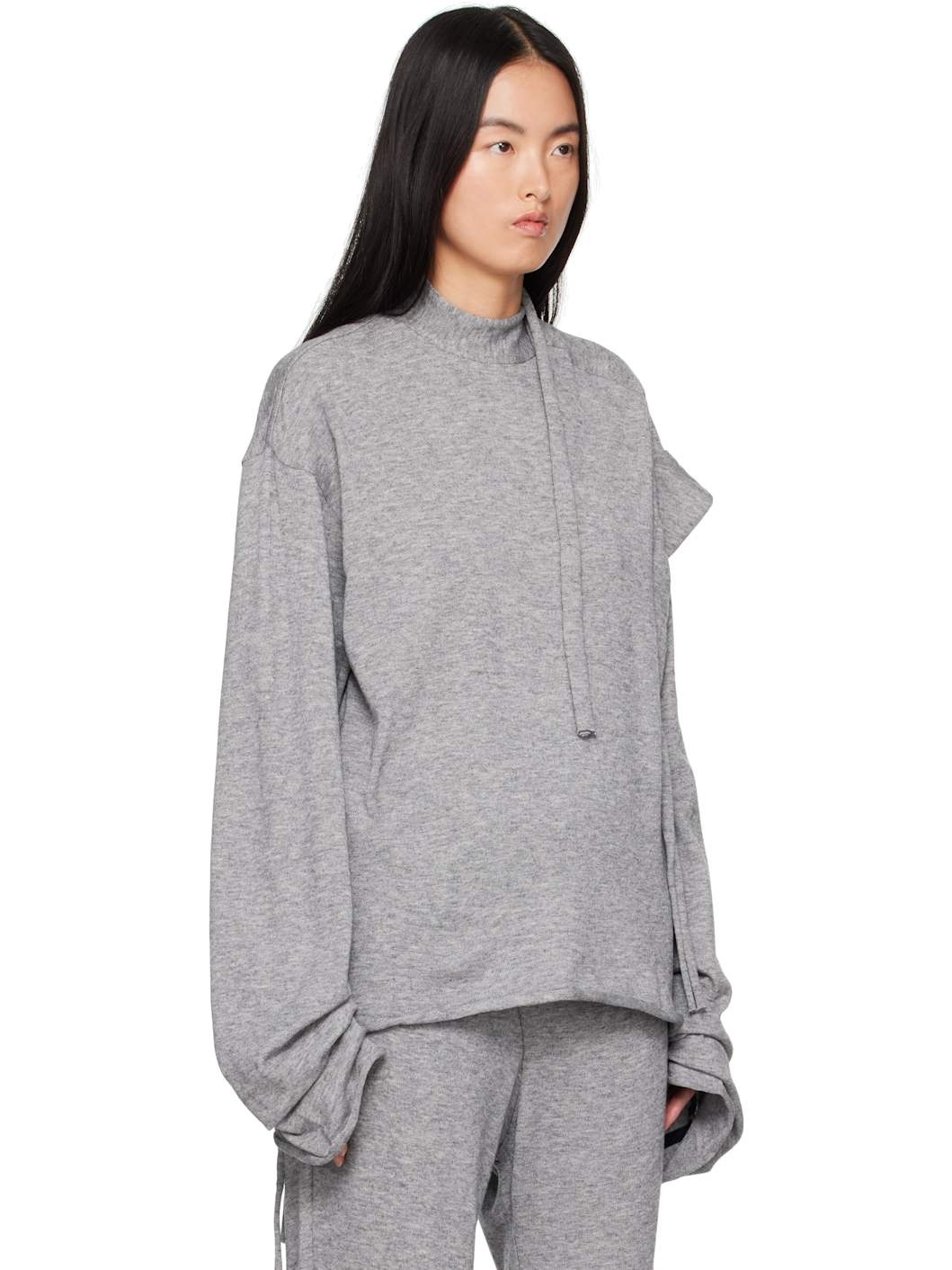 Gray Strap Knit Loose Sweater - 2