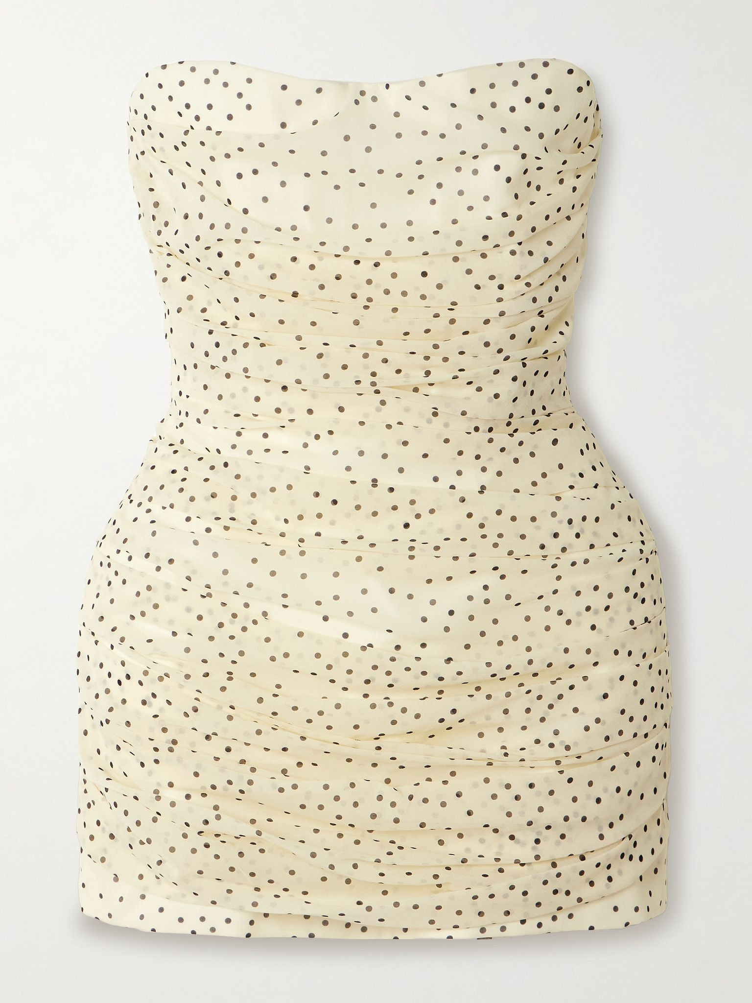 Strapless crochet-trimmed ruched polka-dot silk-blend chiffon mini dress Cream - 1