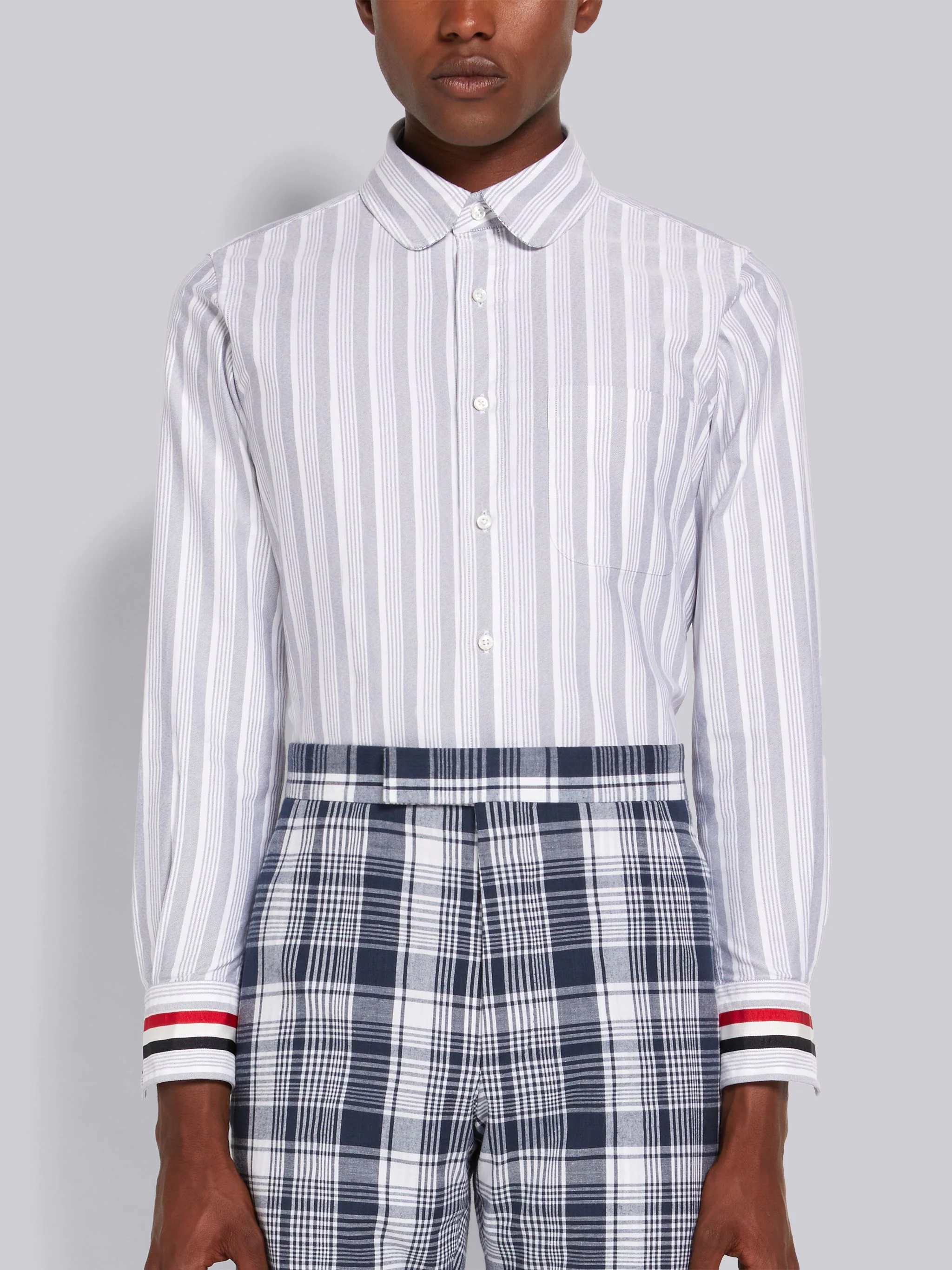 Navy Stripe Oxford Stripe Cuff Straight Fit Round Collar Shirt - 1